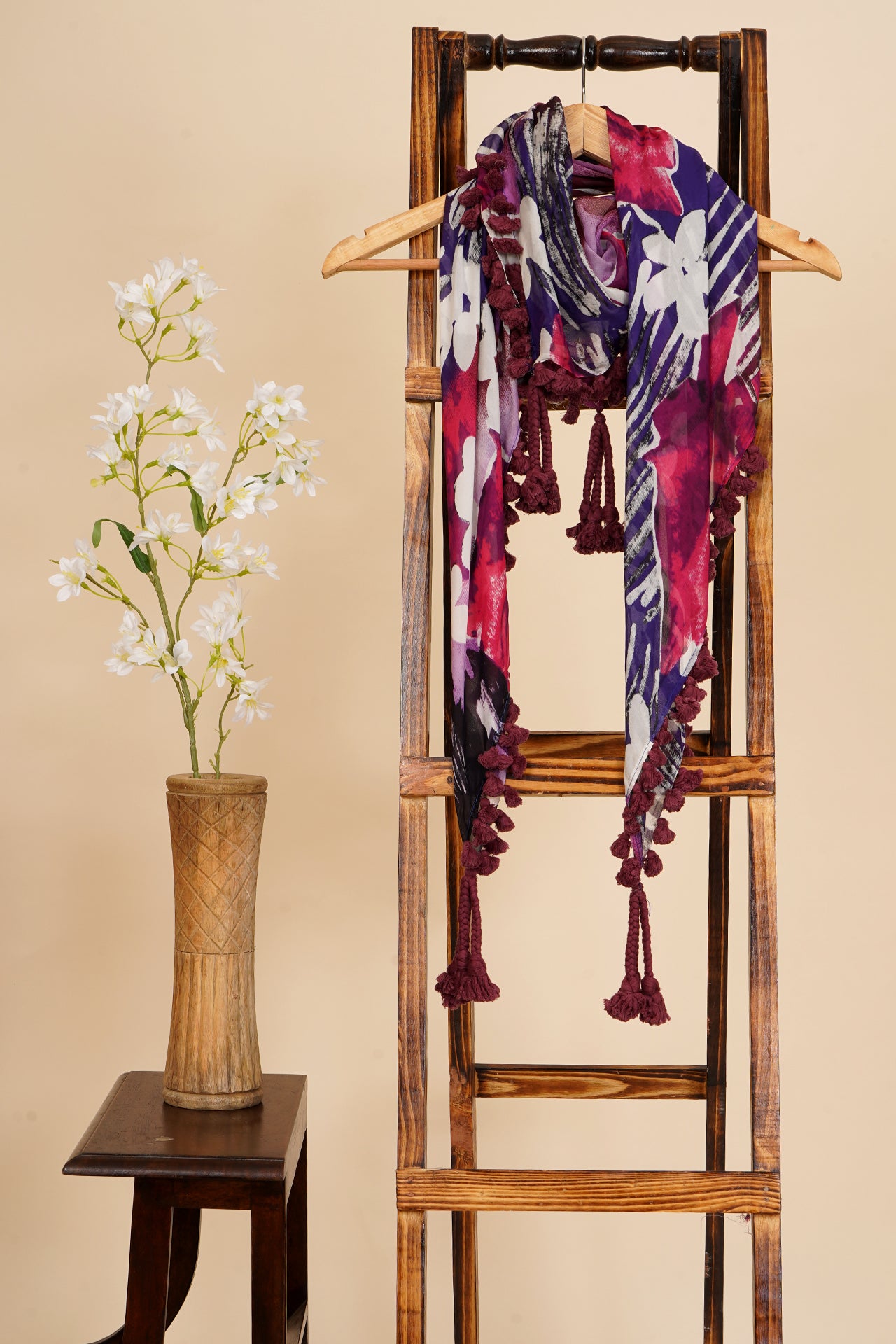 Multi Color Printed Silk Stole with Tassels