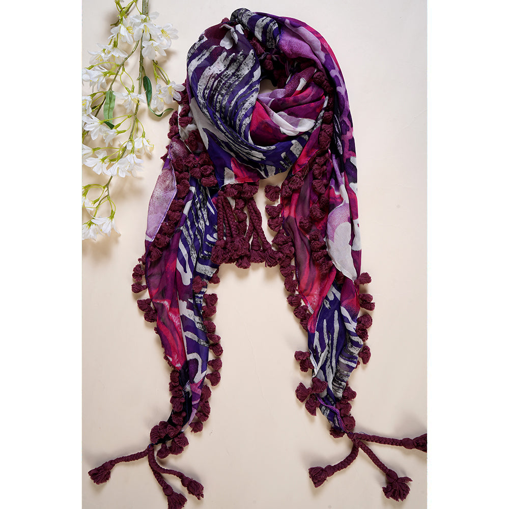 Multi Color Printed Silk Stole with Tassels