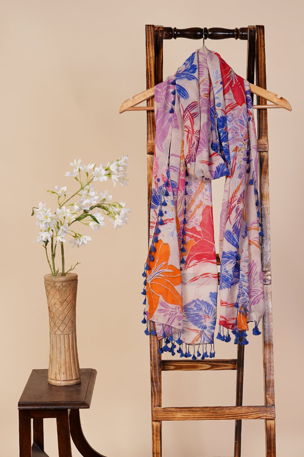 Multi Color Printed Silk Stole with Tassels