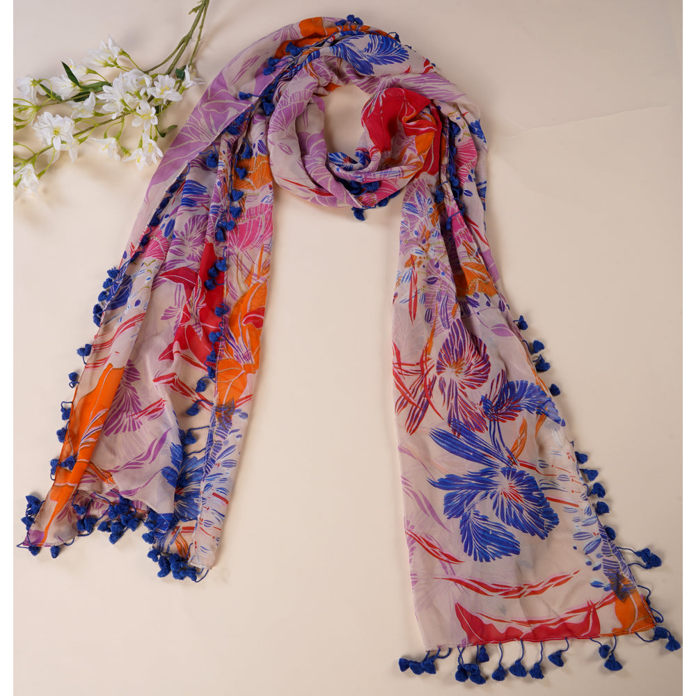 Multi Color Printed Silk Stole with Tassels