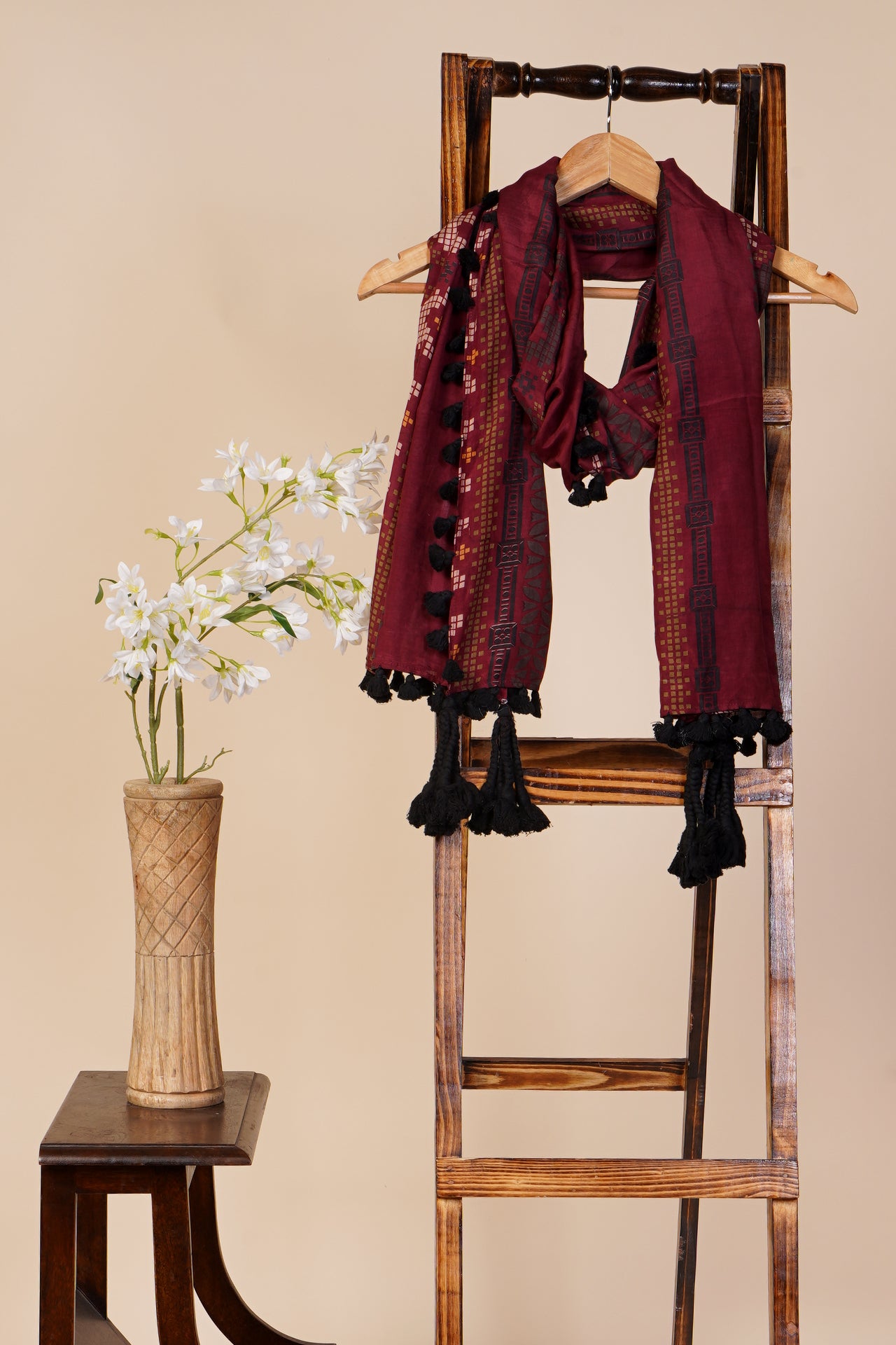 Multi Color Printed Silk Stole with Tassels