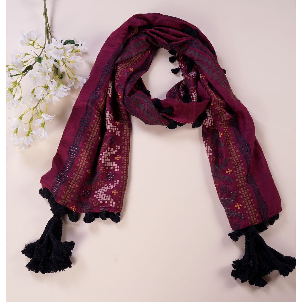 Multi Color Printed Silk Stole with Tassels