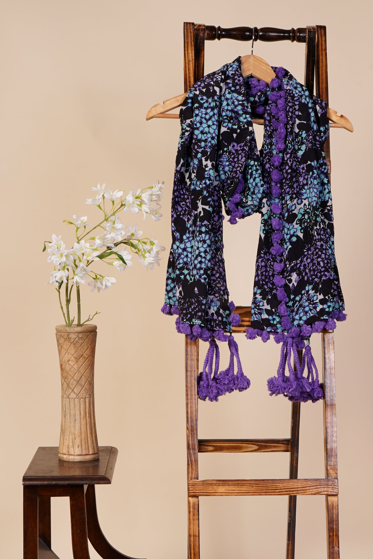 Multi Color Printed Silk Stole with Tassels