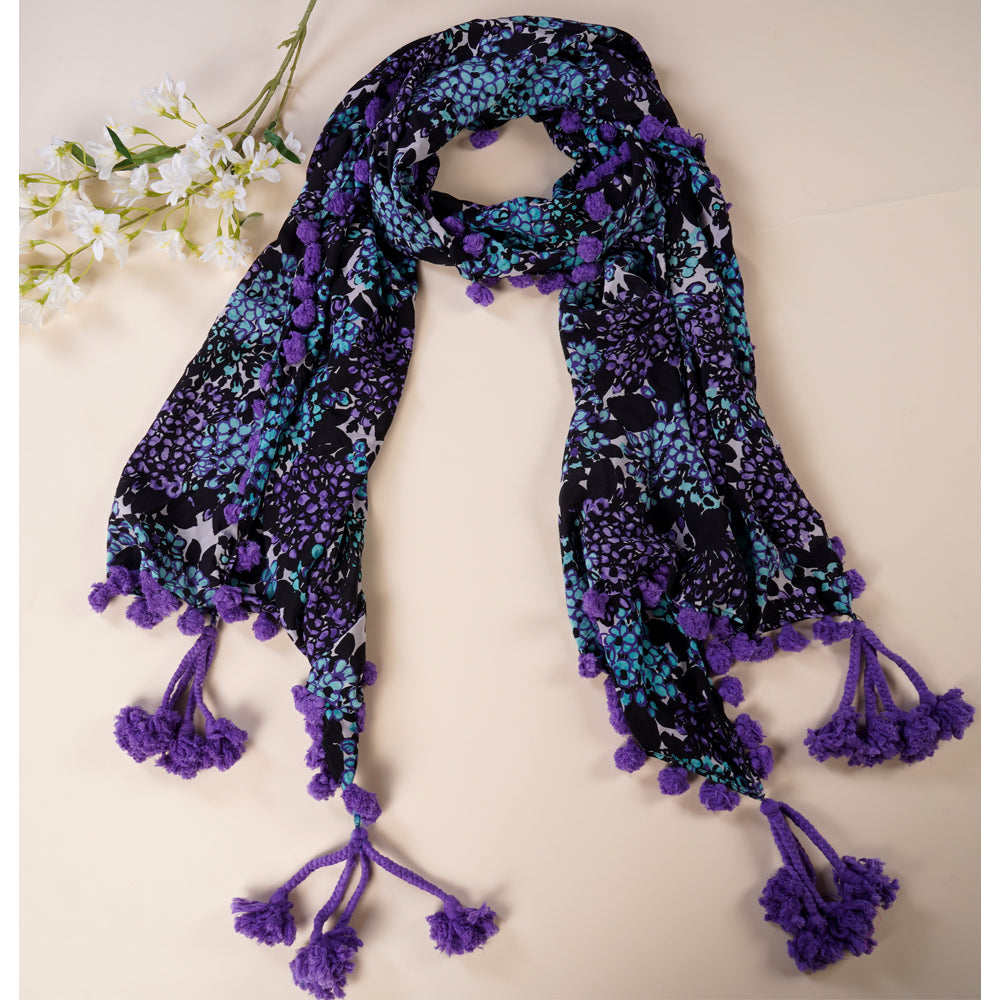 Multi Color Printed Silk Stole with Tassels