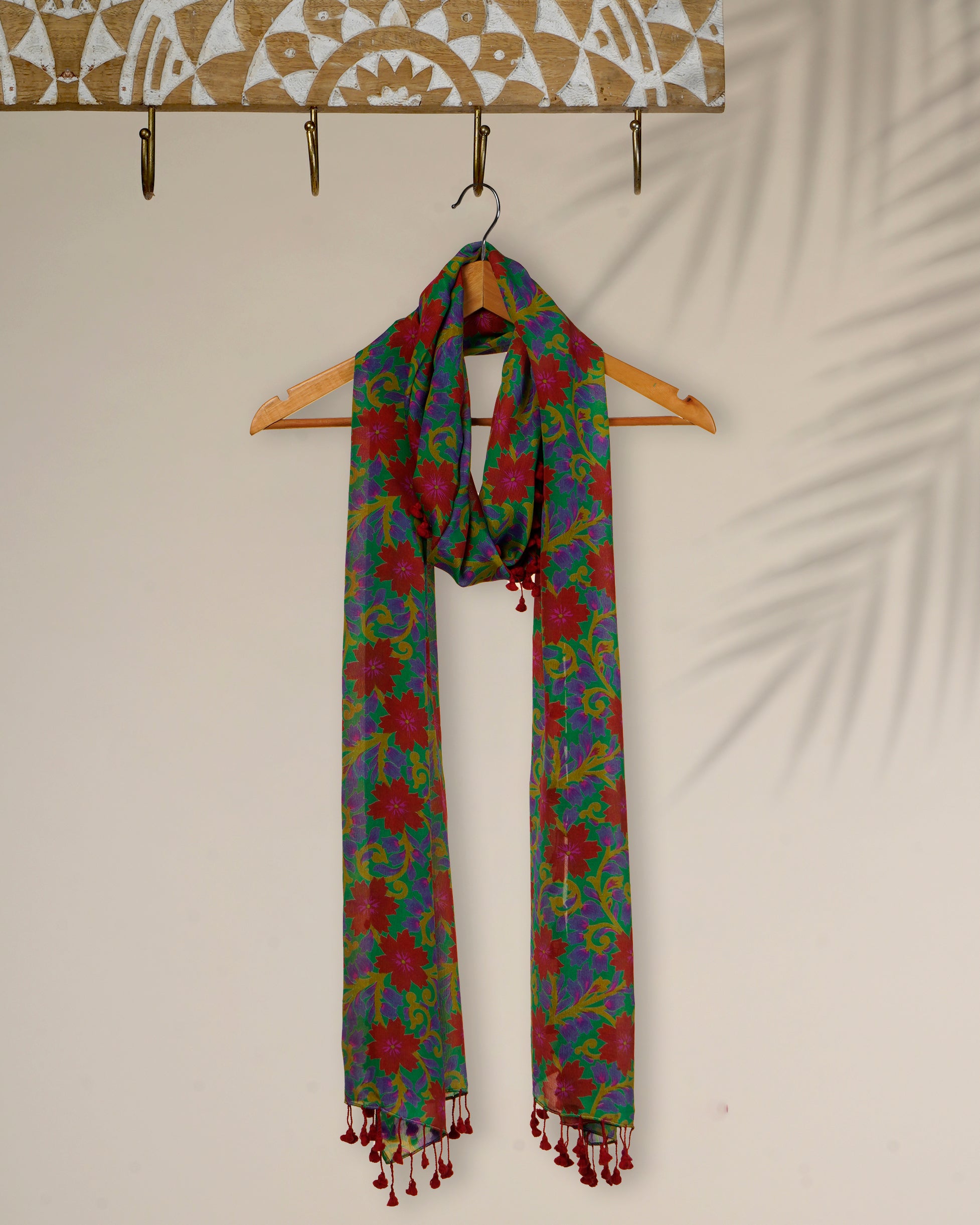 Multi Color Printed Silk Stole with Tassels