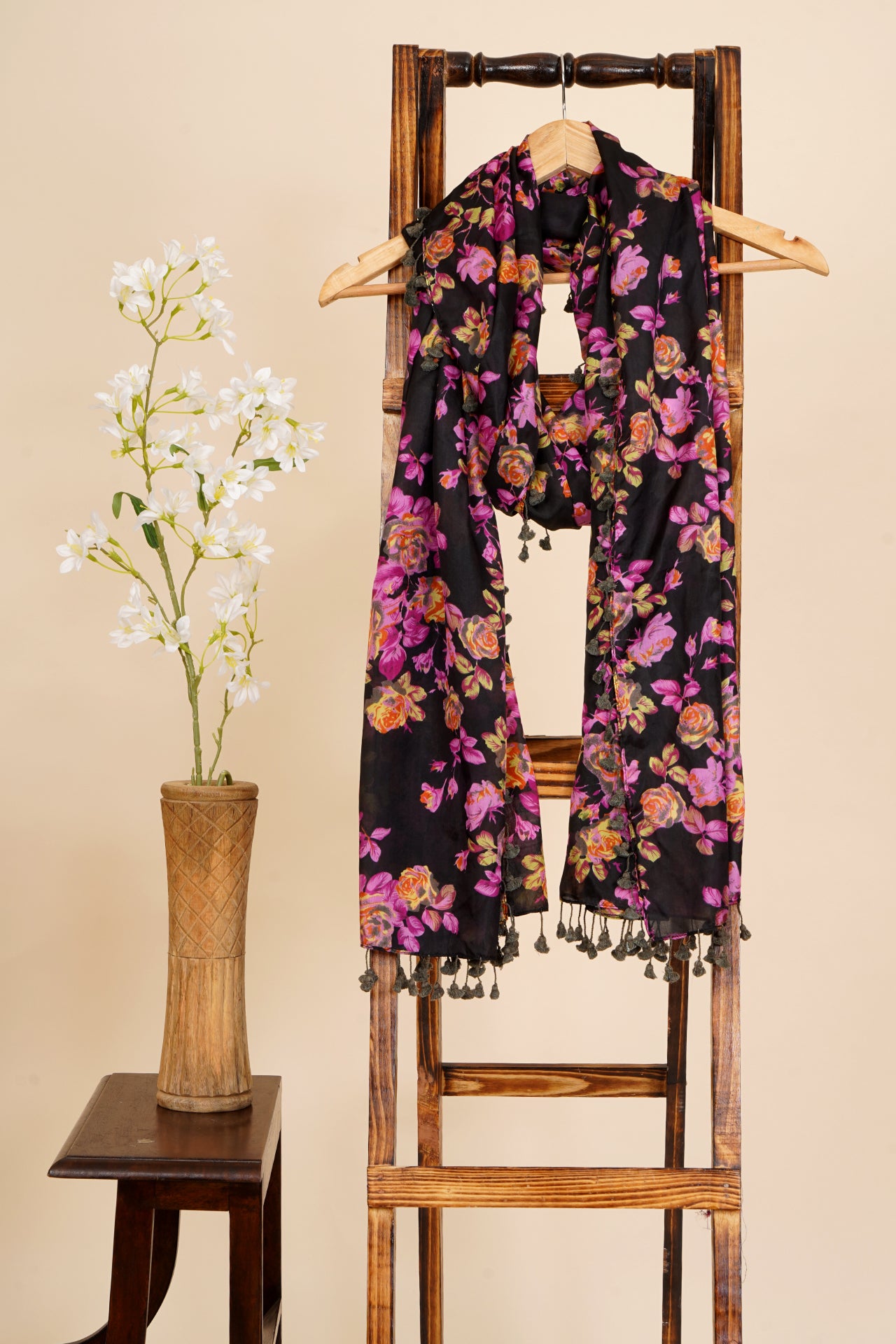 Multi Color Printed Silk Stole with Tassels