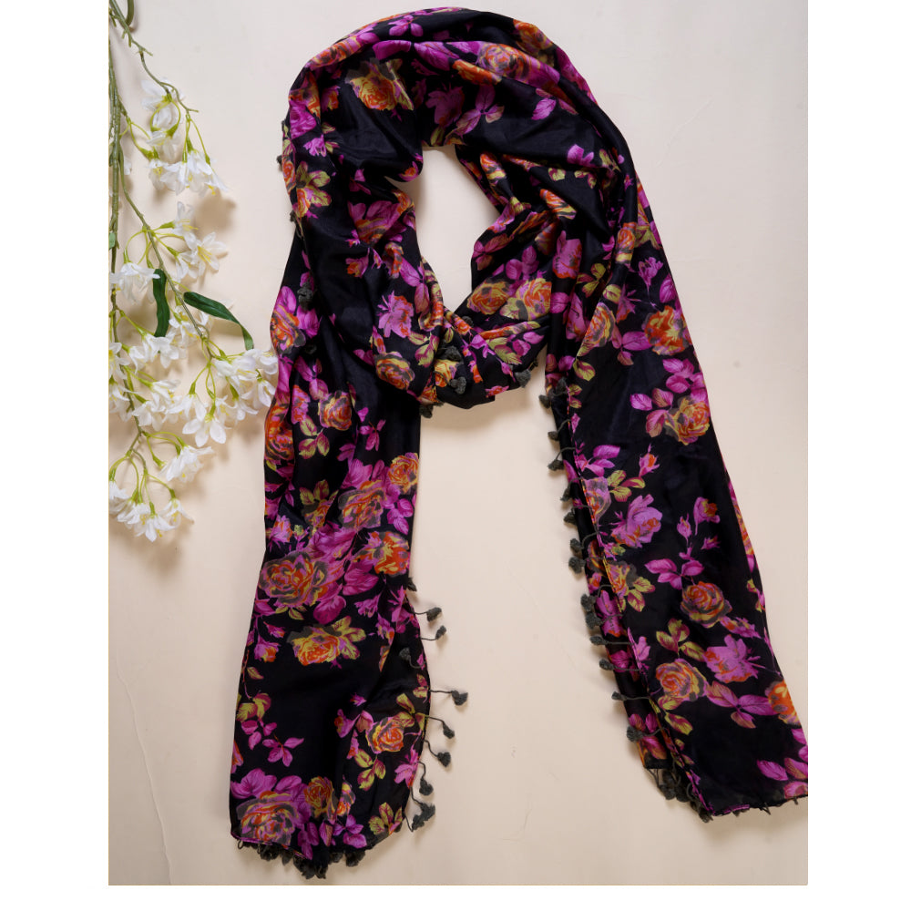 Multi Color Printed Silk Stole with Tassels