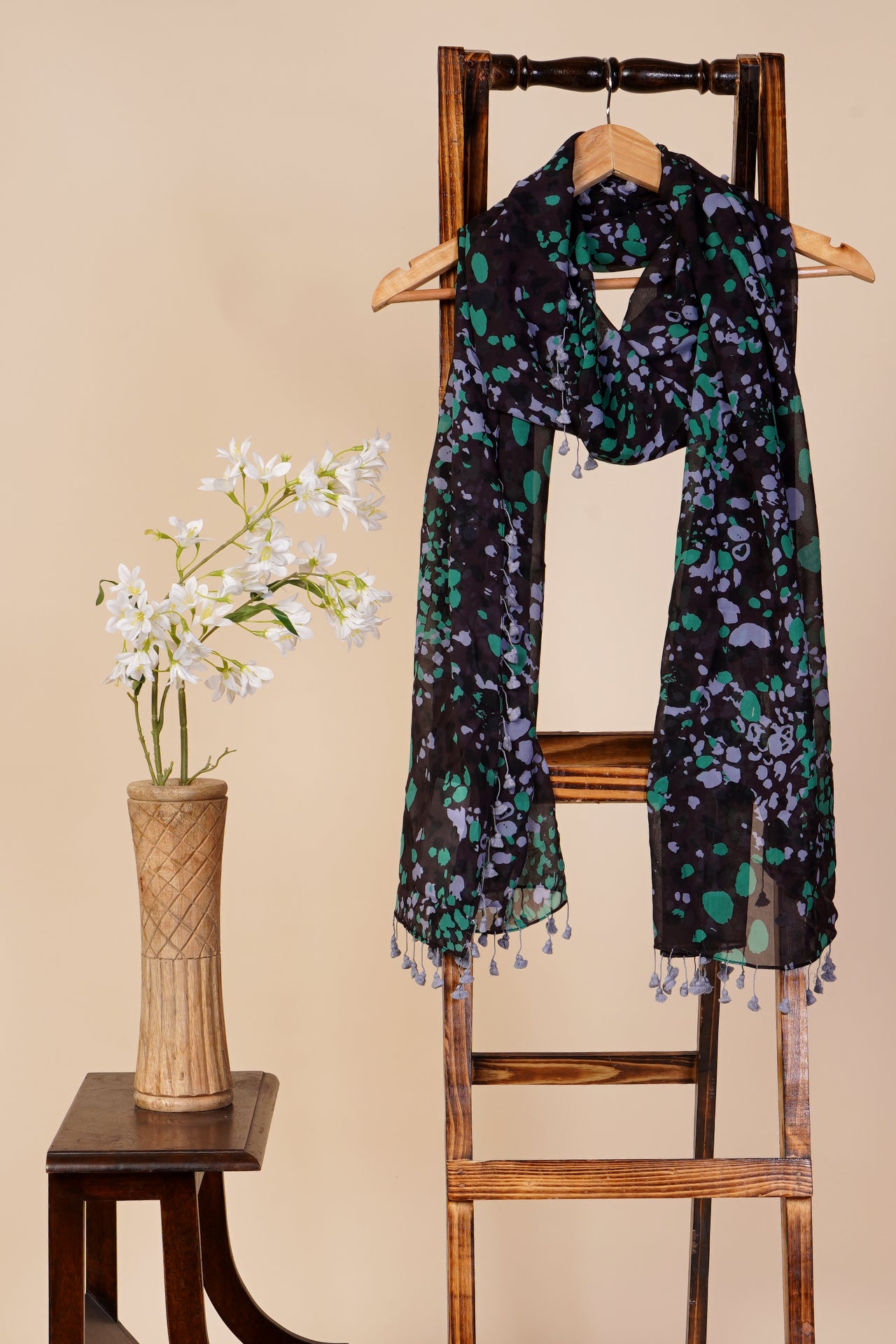 Multi Color Printed Silk Stole with Tassels