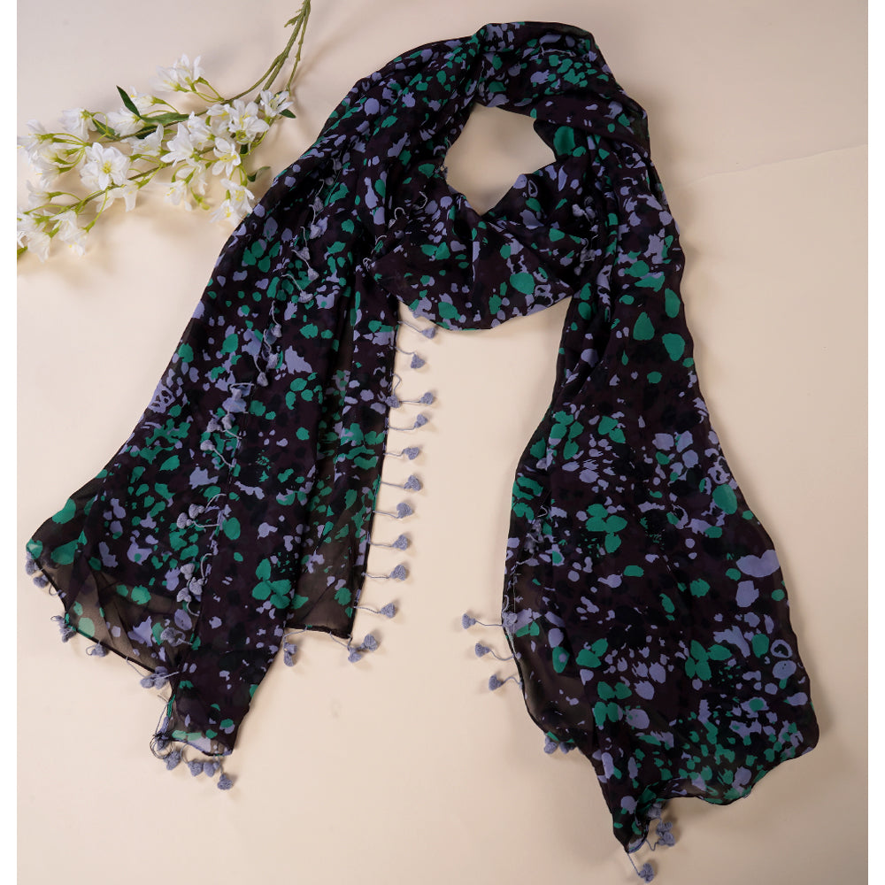 Multi Color Printed Silk Stole with Tassels