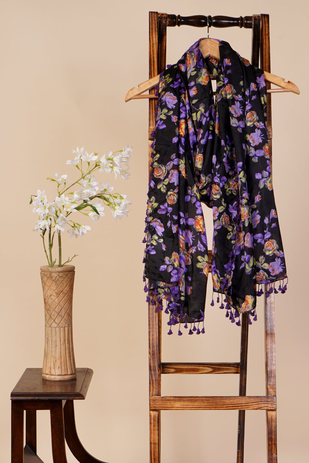 Multi Color Printed Silk Stole with Tassels