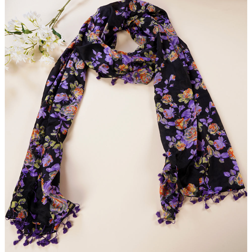 Multi Color Printed Silk Stole with Tassels