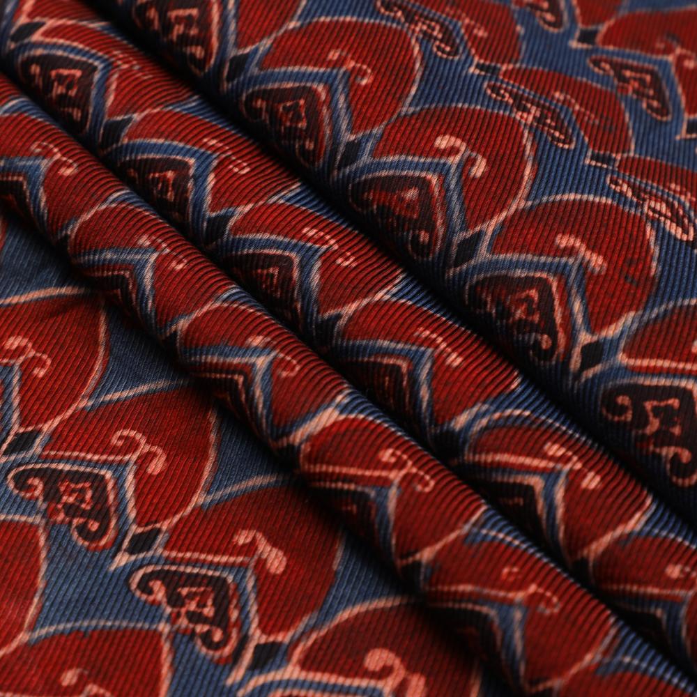 (Pre Cut 2.90 Mtr Piece) Dark Blue-Dark Red Color Handcrafted Ajrak Printed Modal Satin Dobby Fabric