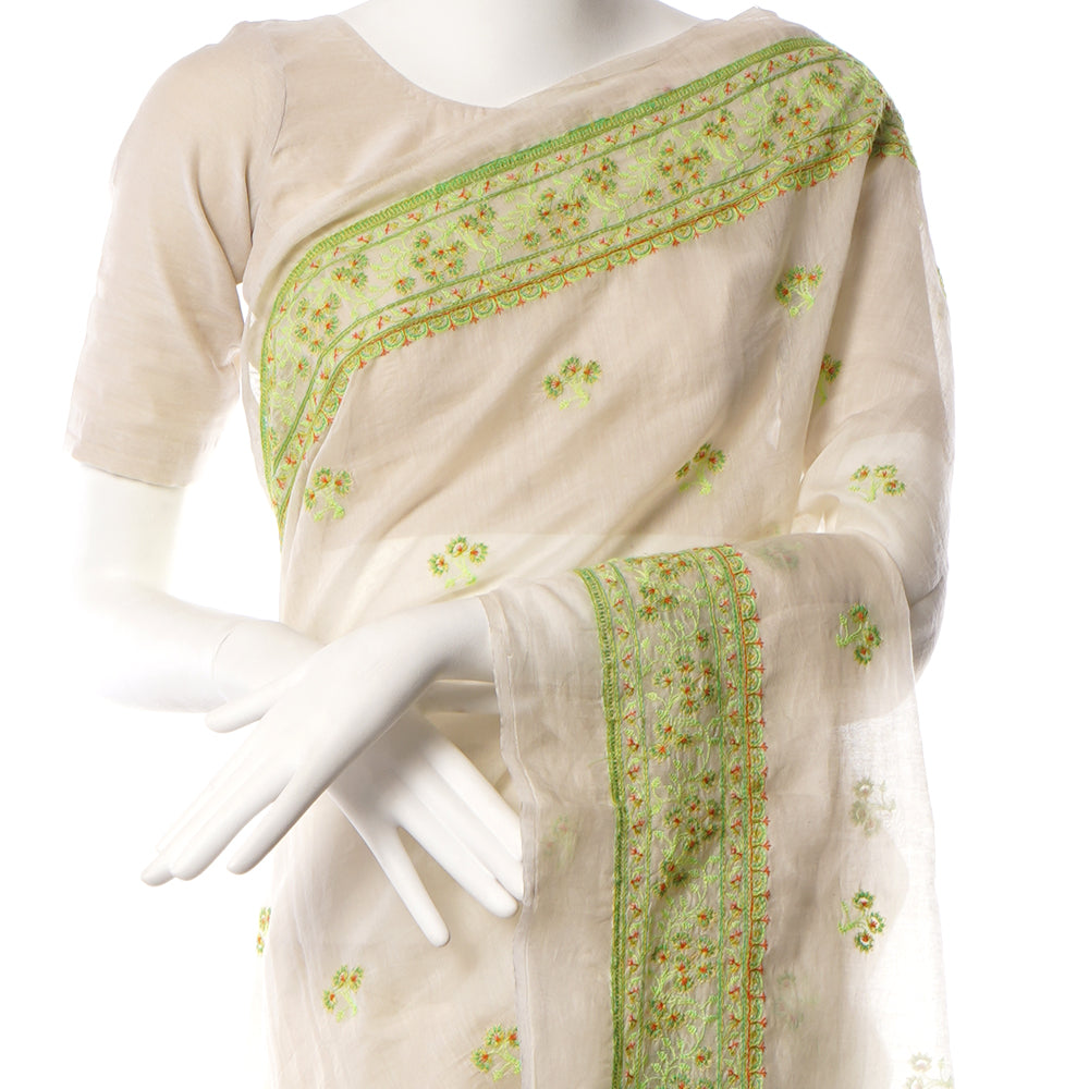 White-Green Color Embroidered Pure Chanderi Saree