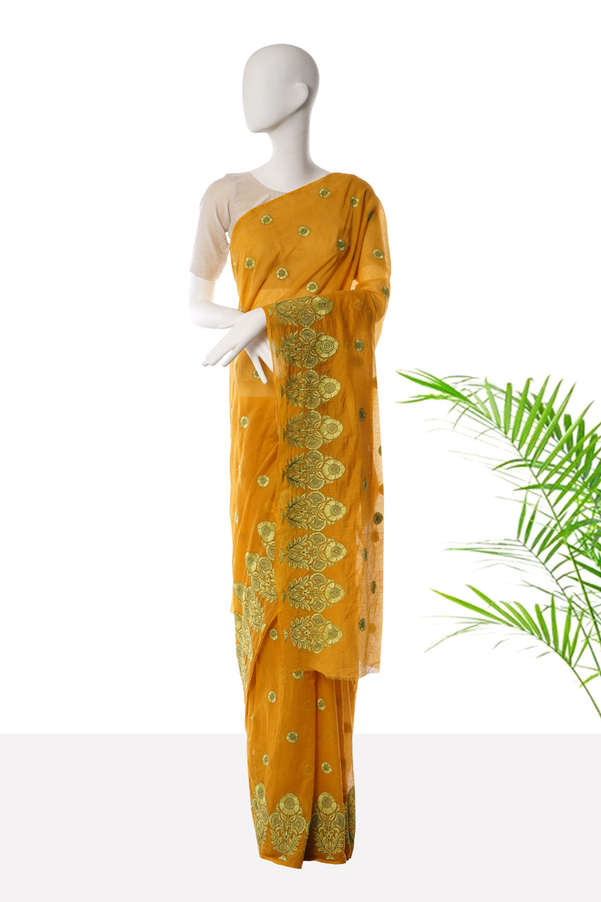 Mustard Color Embroidered Pure Chanderi Saree