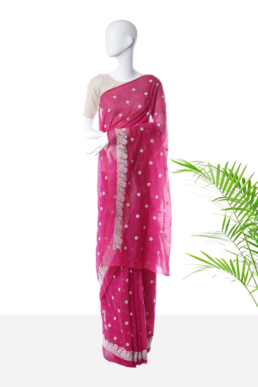 Pink Color Embroidered Pure Chanderi Saree