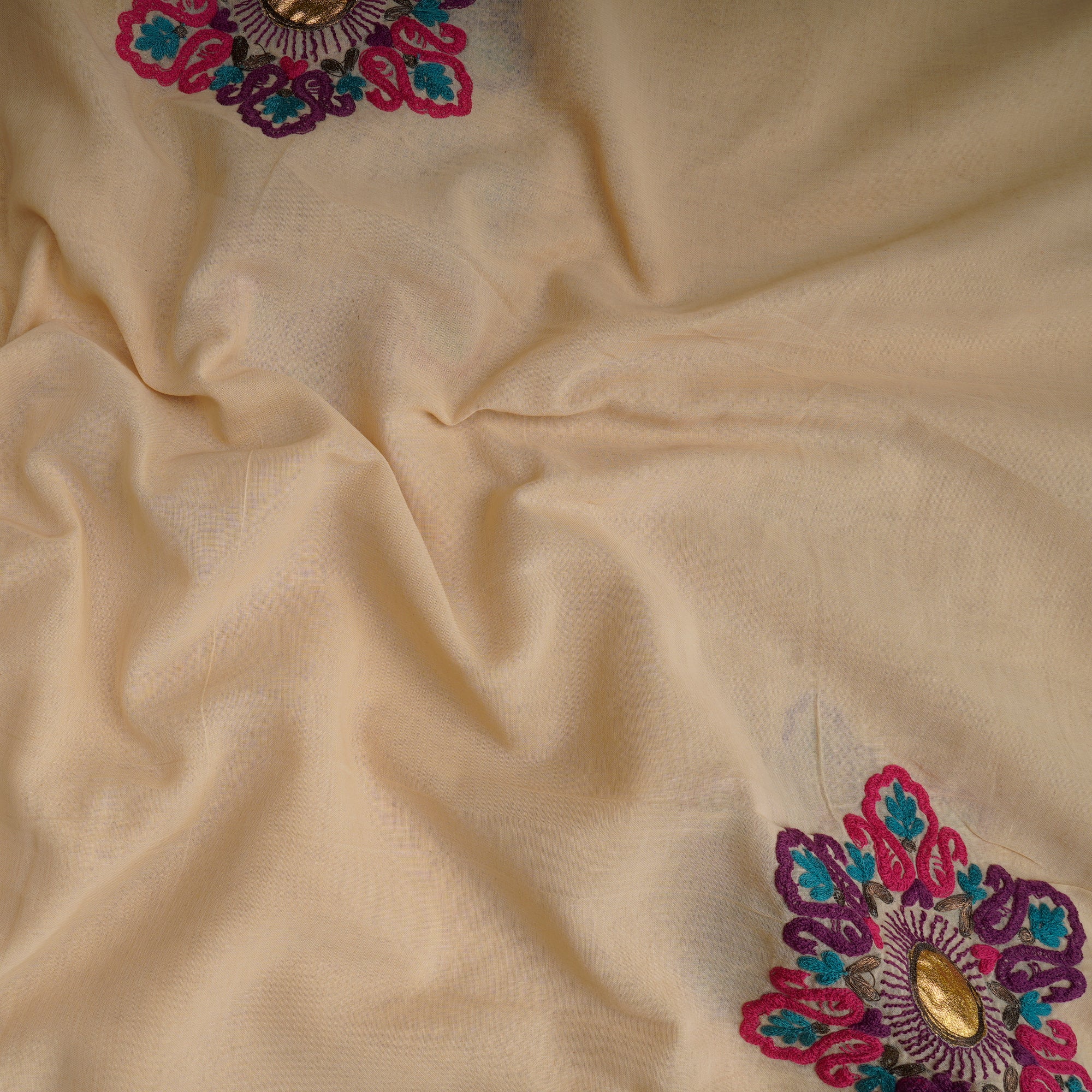 Beige-Pink Color Embroidered Cotton Voile Fabric