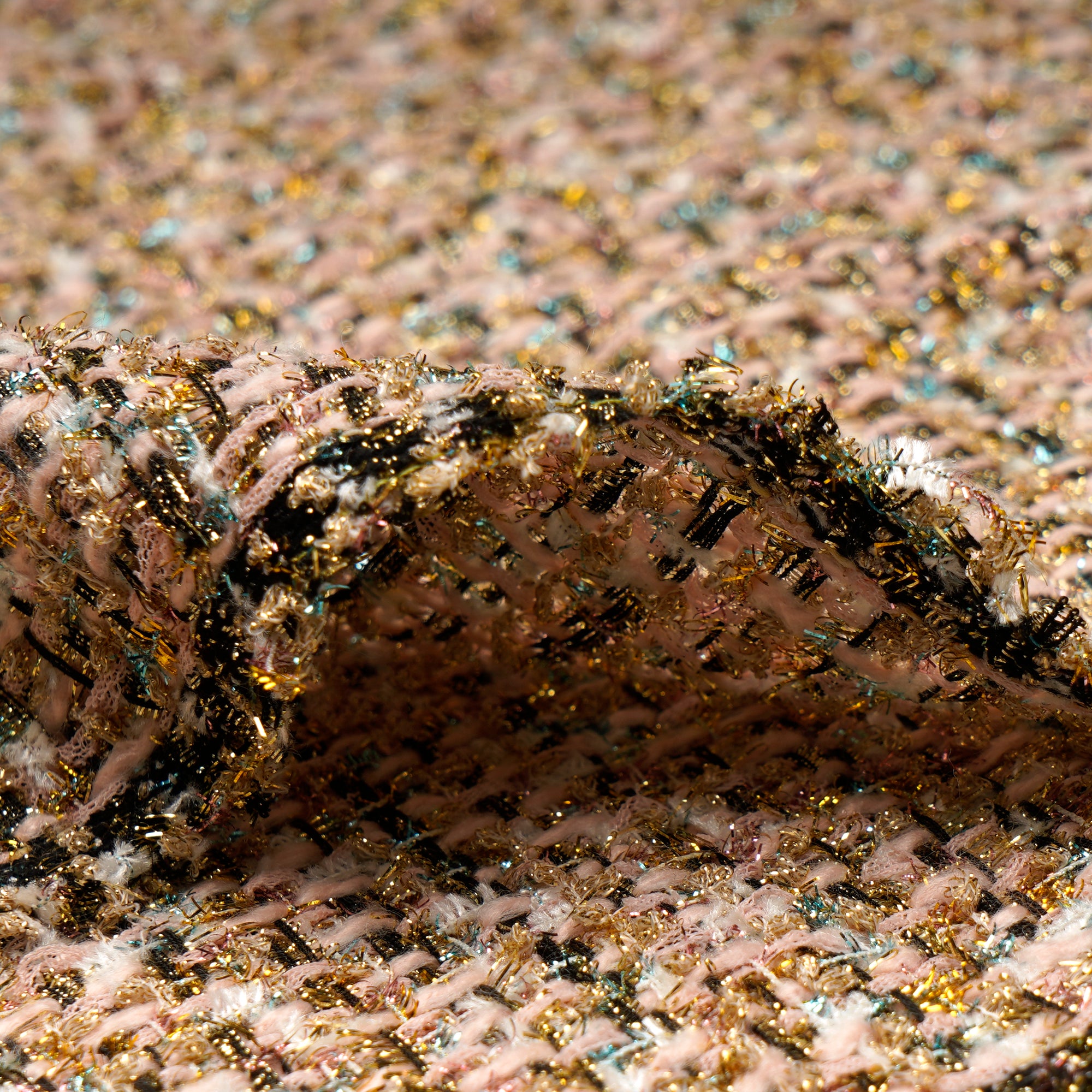 Pink-Gold Premium Shimmer Metallic Tweed Fabric (60" Width)