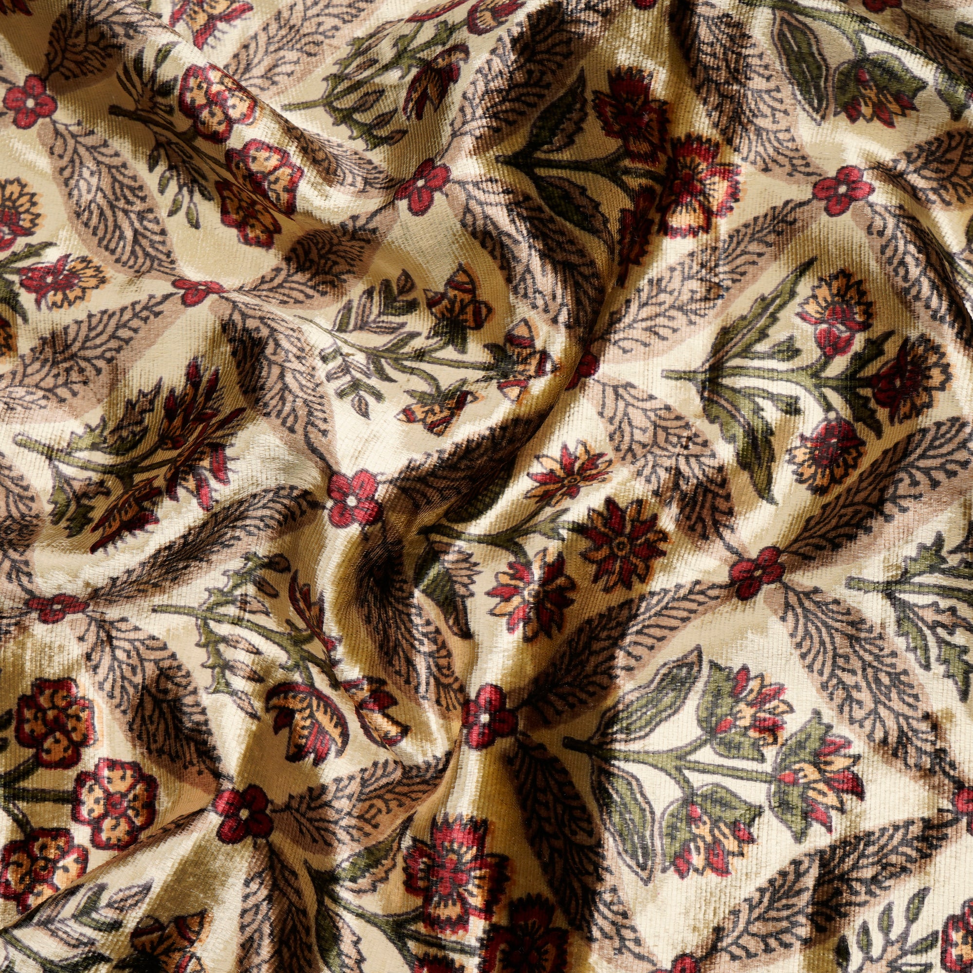 Cream Floral Pattern Digital Printed Imported Polyester Velvet Fabric (44" Width)