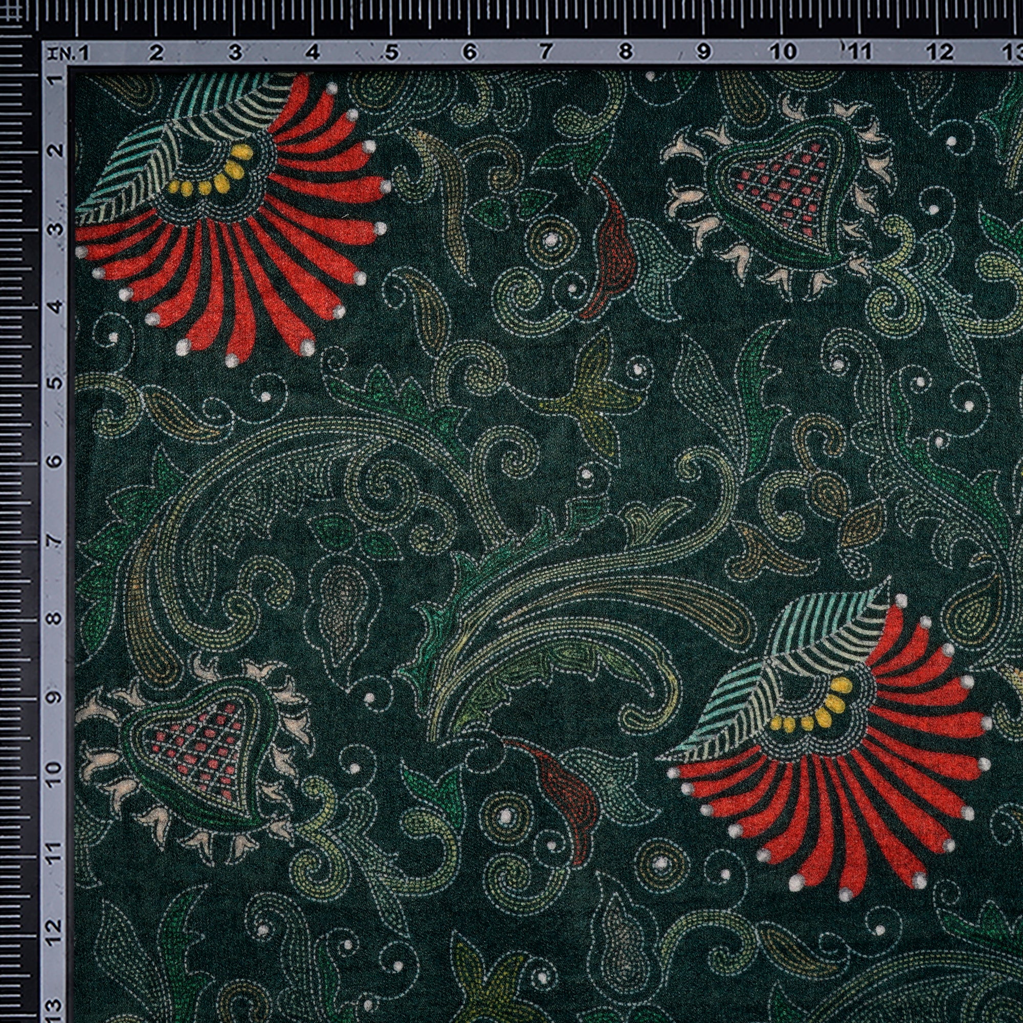 Dark Green Floral Pattern Digital Printed Imported Polyester Velvet Fabric (44" Width)