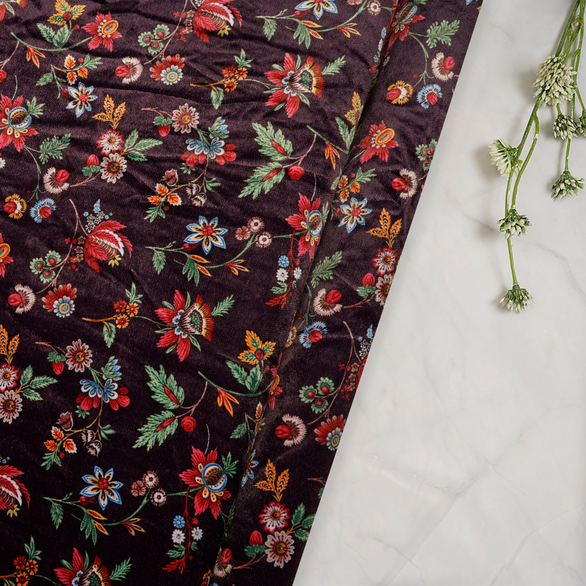 Italian Plum Floral Pattern Digital Printed Imported Polyester Velvet Fabric (44" Width)