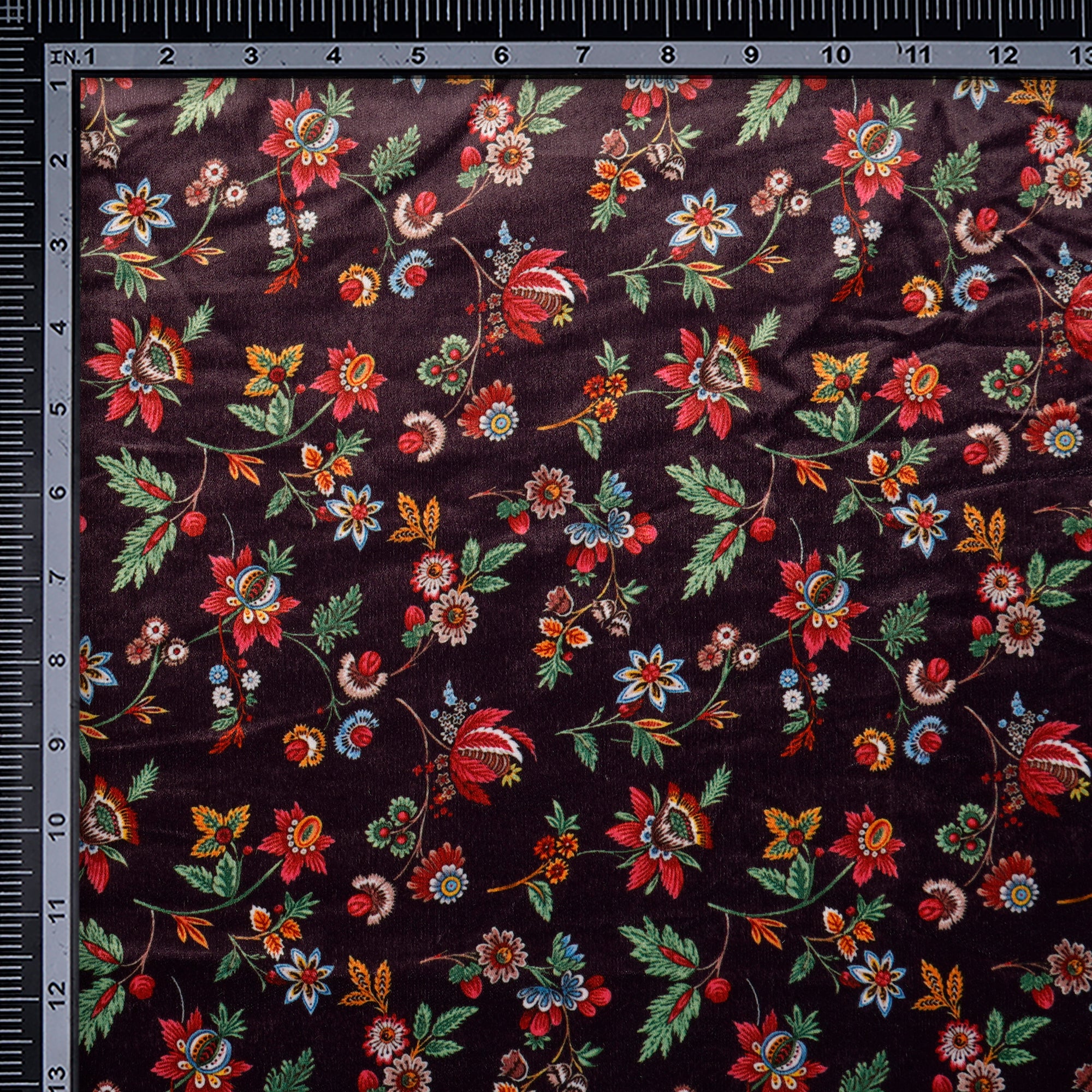 Italian Plum Floral Pattern Digital Printed Imported Polyester Velvet Fabric (44" Width)