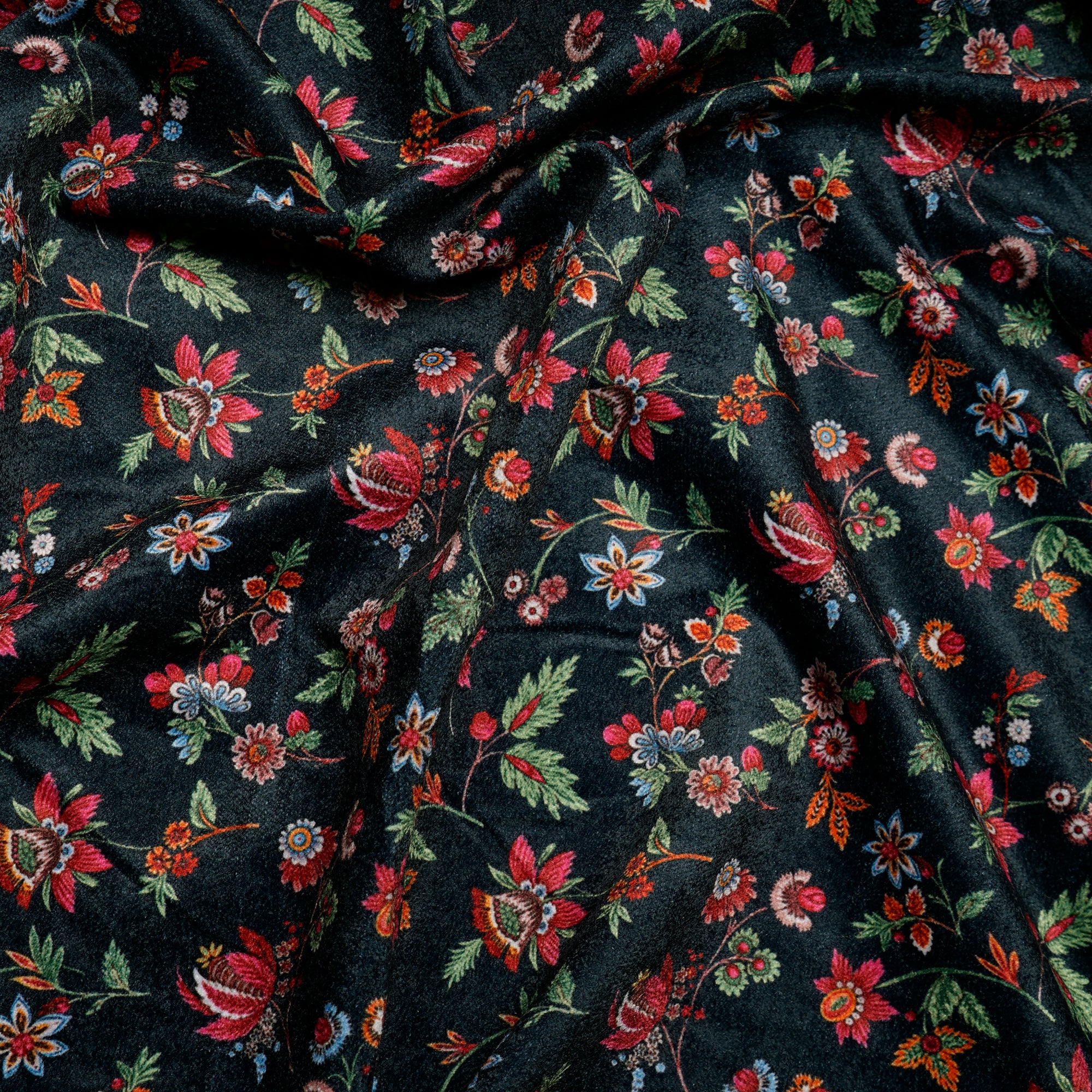 Navy Blue Floral Pattern Digital Printed Imported Polyester Velvet Fabric (44" Width)