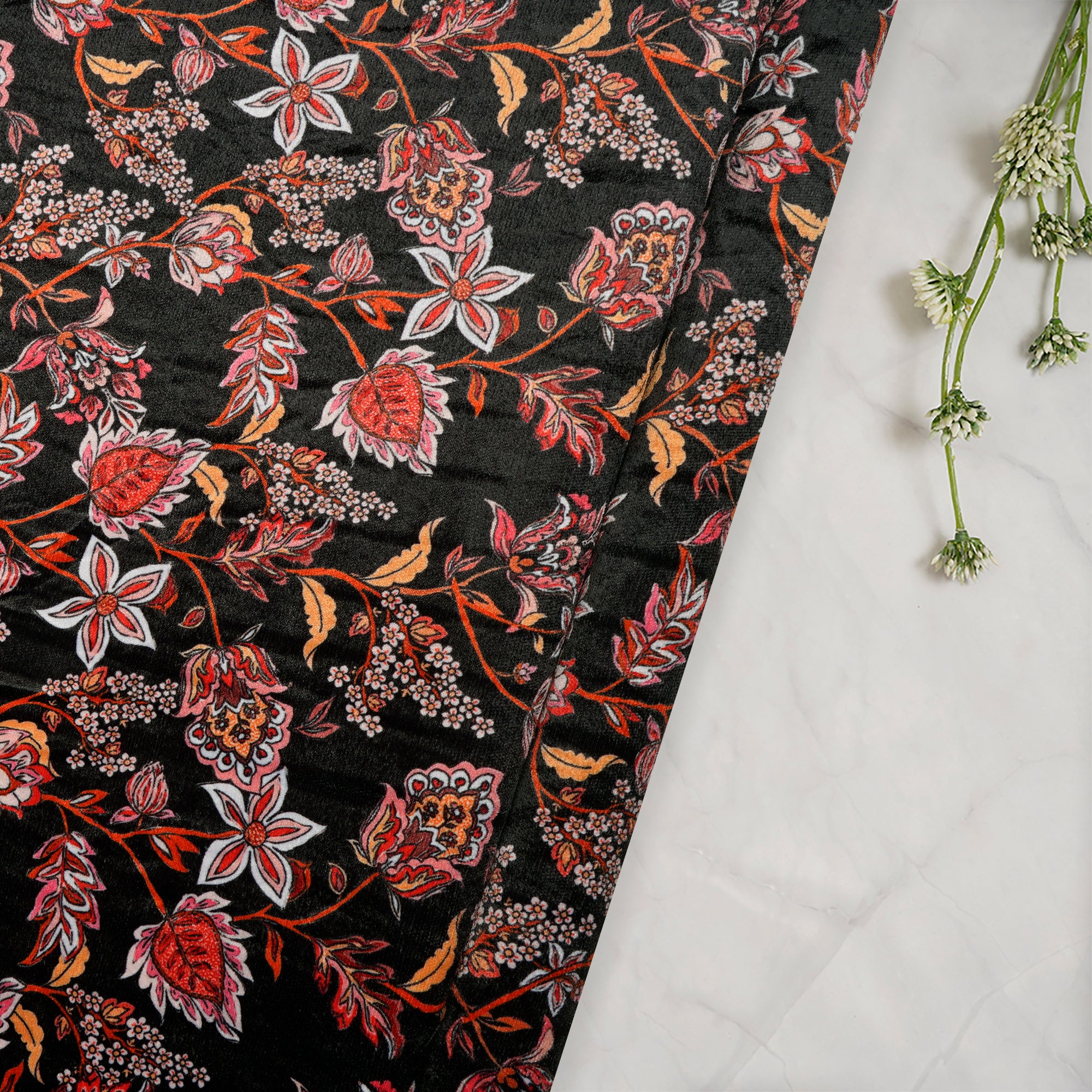 Black Floral Pattern Digital Printed Imported Polyester Velvet Fabric (44" Width)