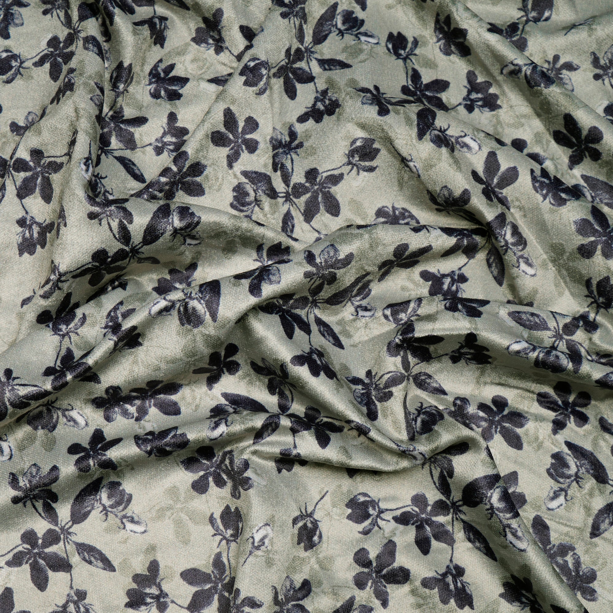 Green Tint Floral Pattern Digital Printed Imported Polyester Velvet Fabric (44" Width)