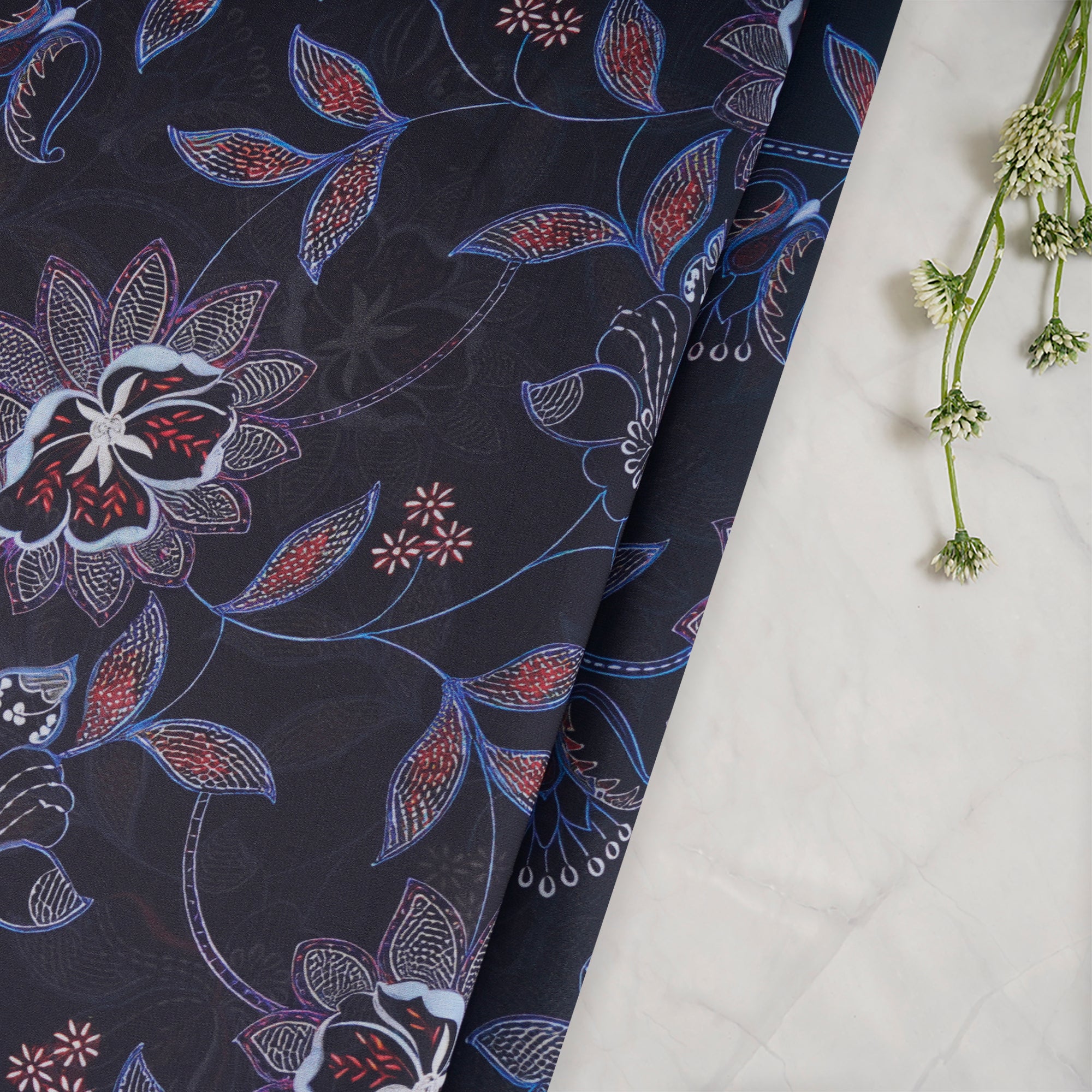 Black Floral Pattern Digital Print Imported Royal Georgette Fabric