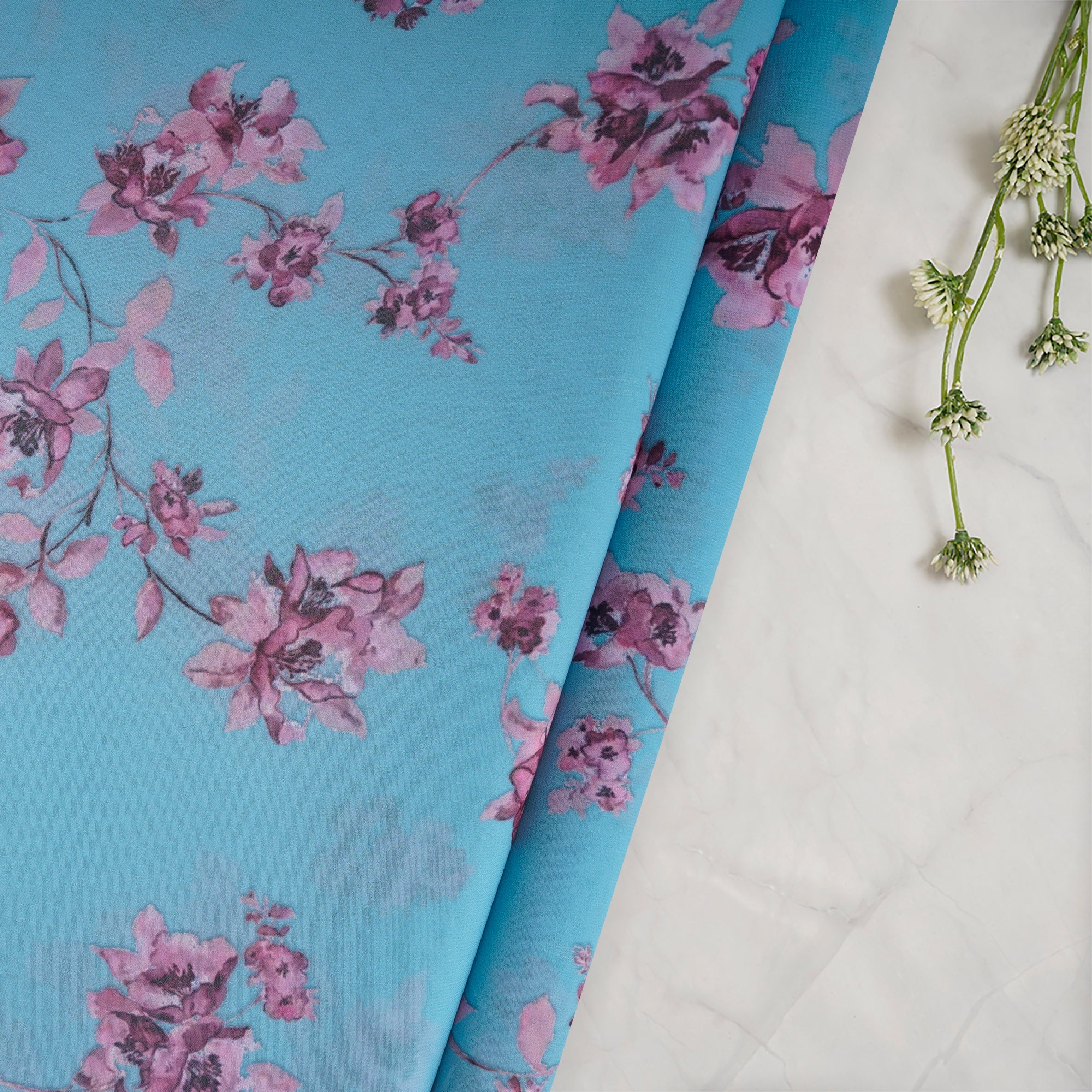 Ice Blue Floral Pattern Digital Print Imported Royal Georgette Fabric