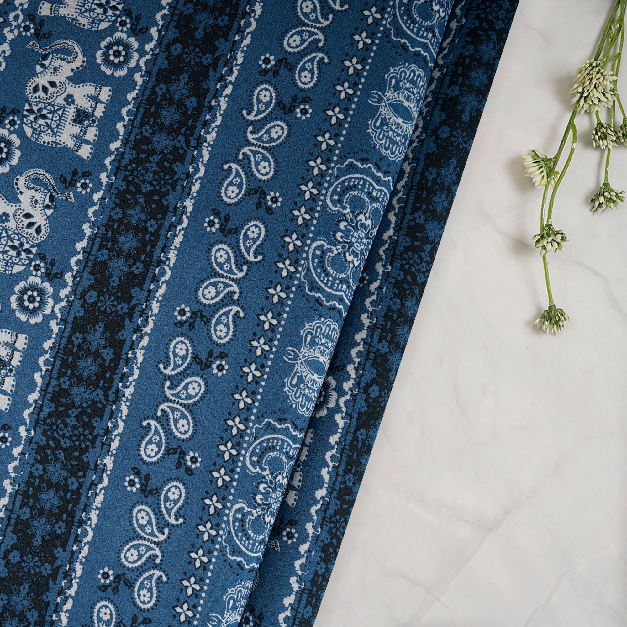 Denim Blue Traditional Pattern Digital Print Imported Royal Georgette Fabric