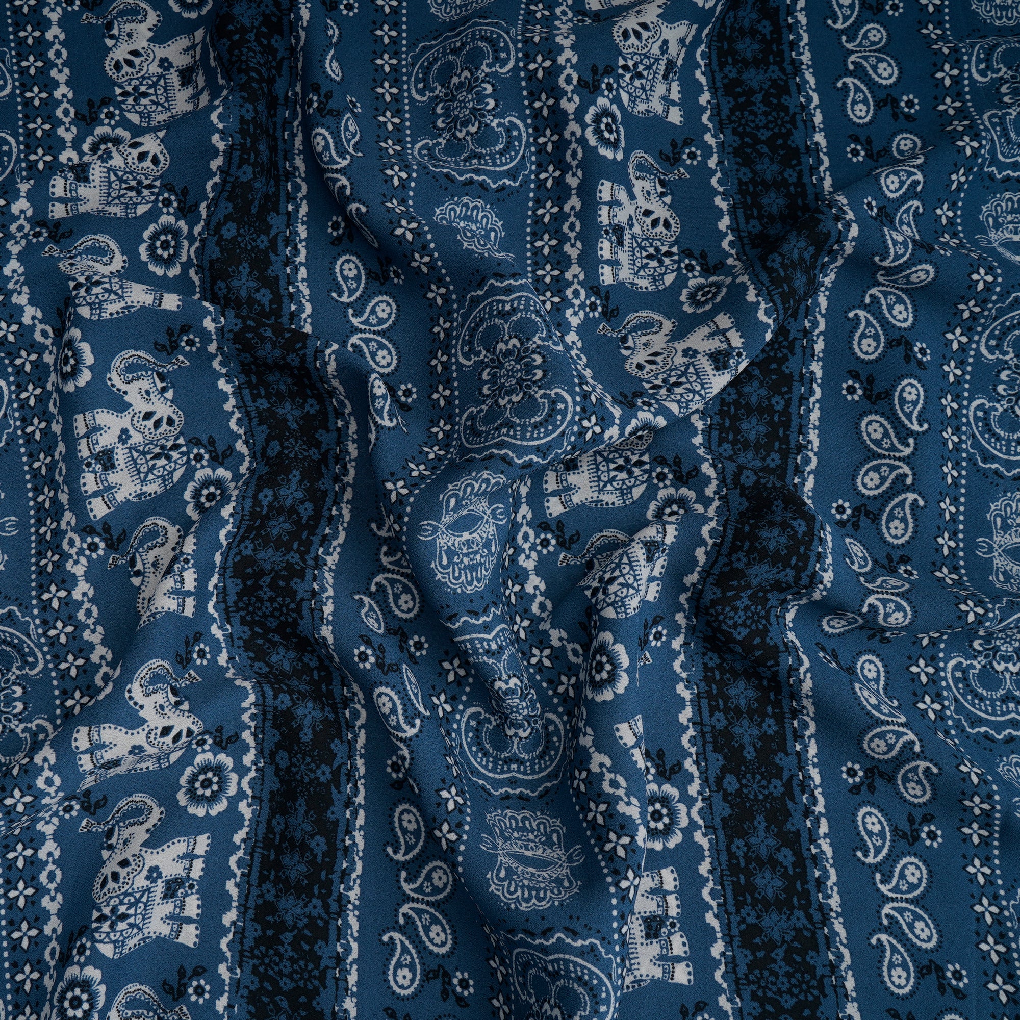 Denim Blue Traditional Pattern Digital Print Imported Royal Georgette Fabric