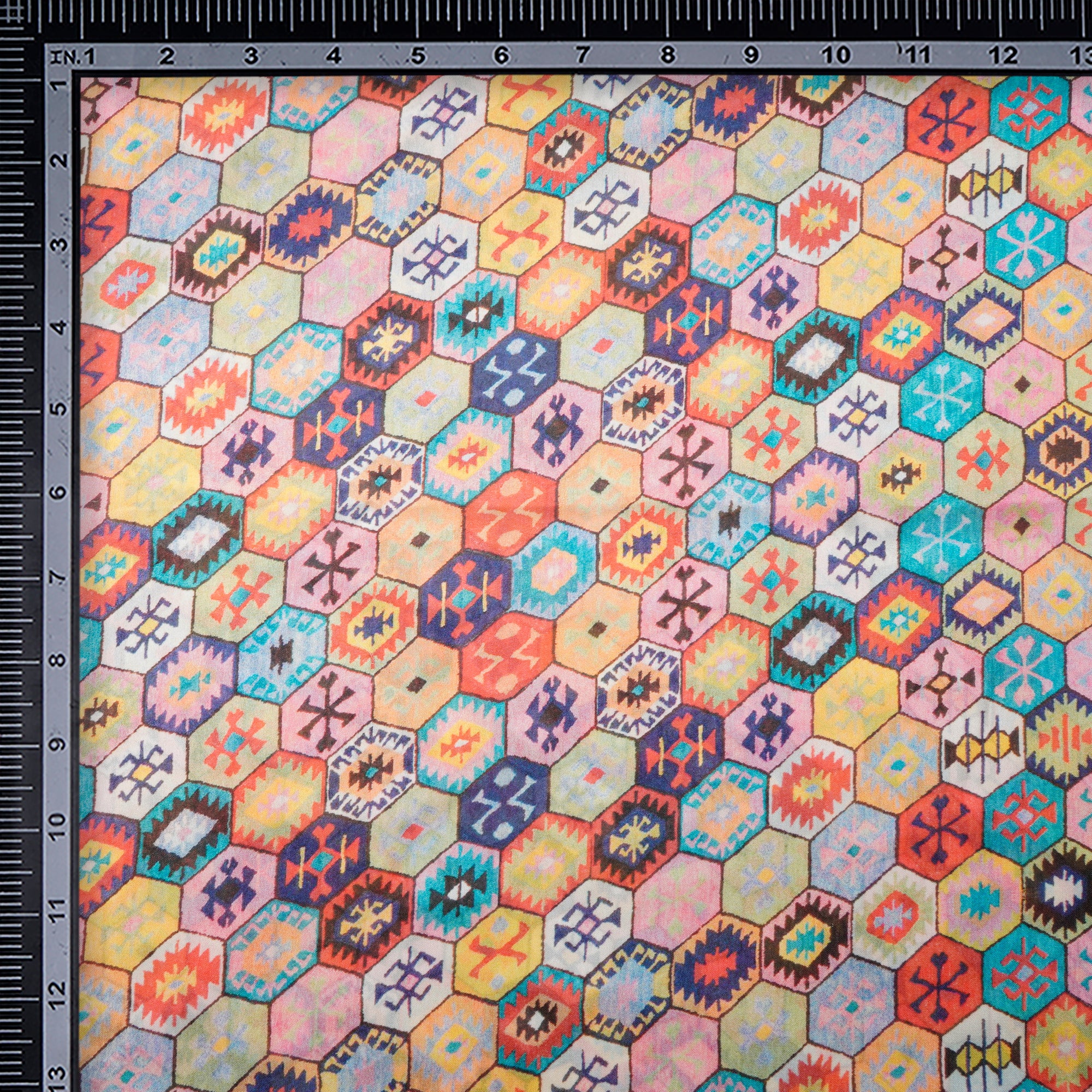 Multi Color Geometric Pattern Digital Printed Georgette Satin Fabric