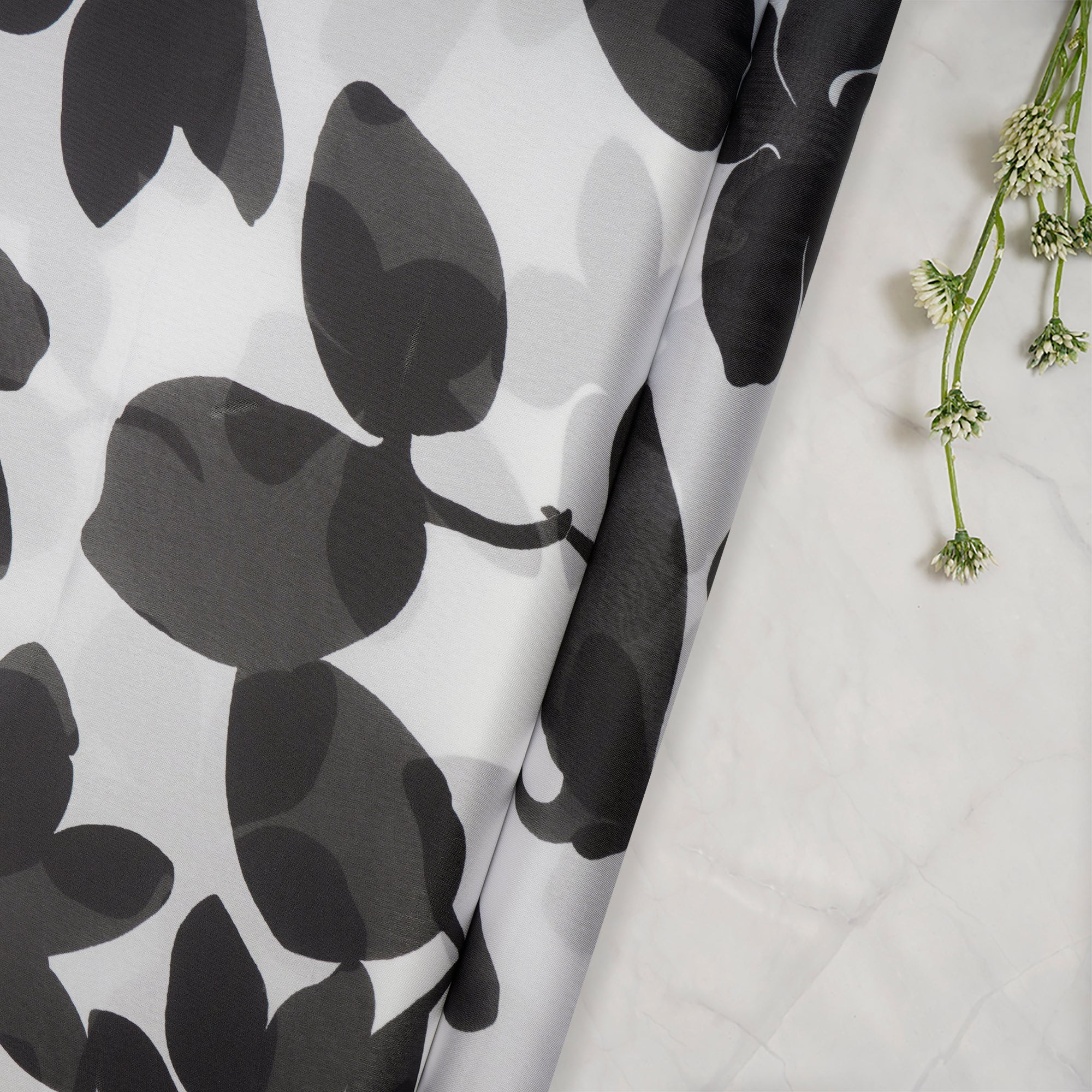 Black-White Leaf Pattern Digital Printed Georgette Satin Fabric