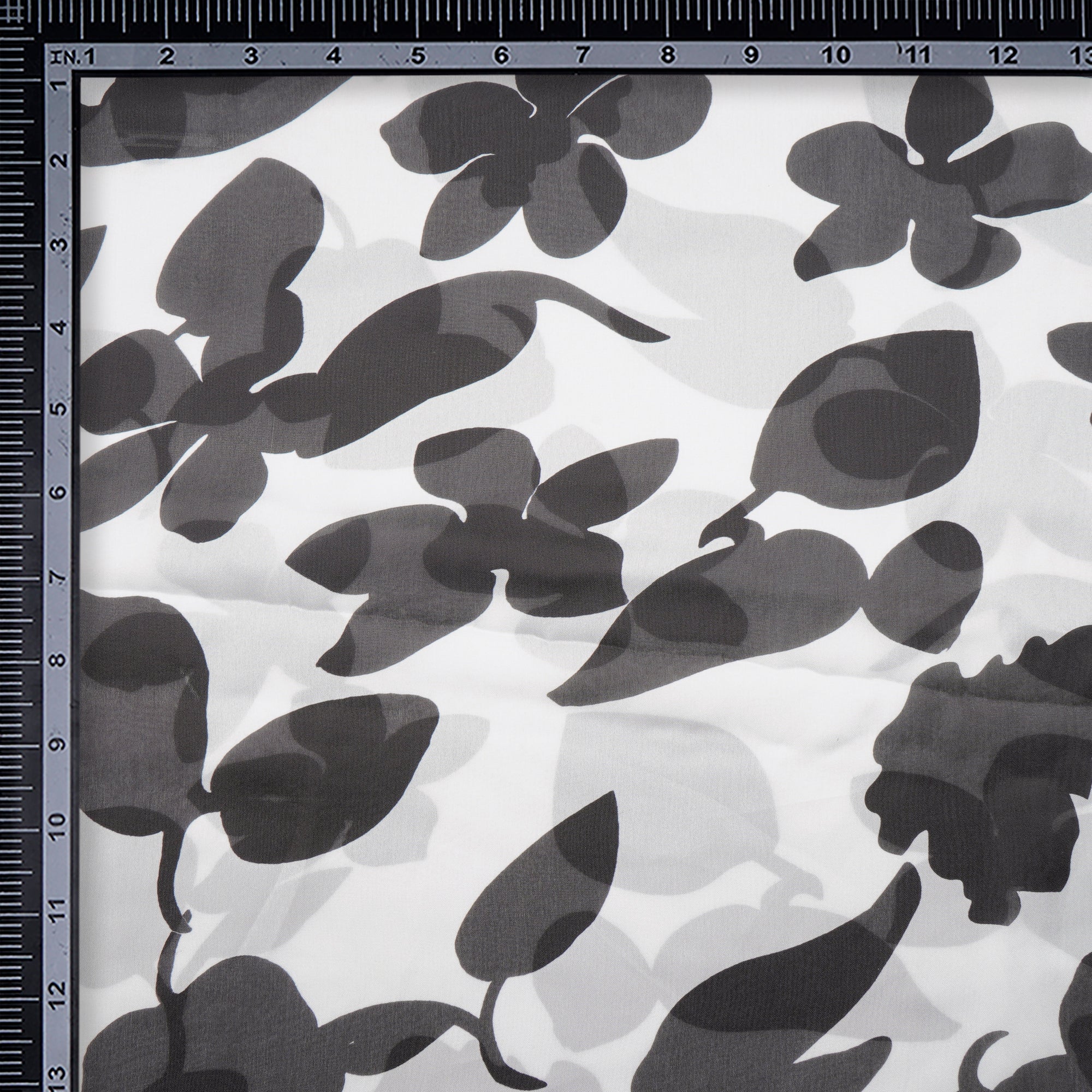 Black-White Leaf Pattern Digital Printed Georgette Satin Fabric
