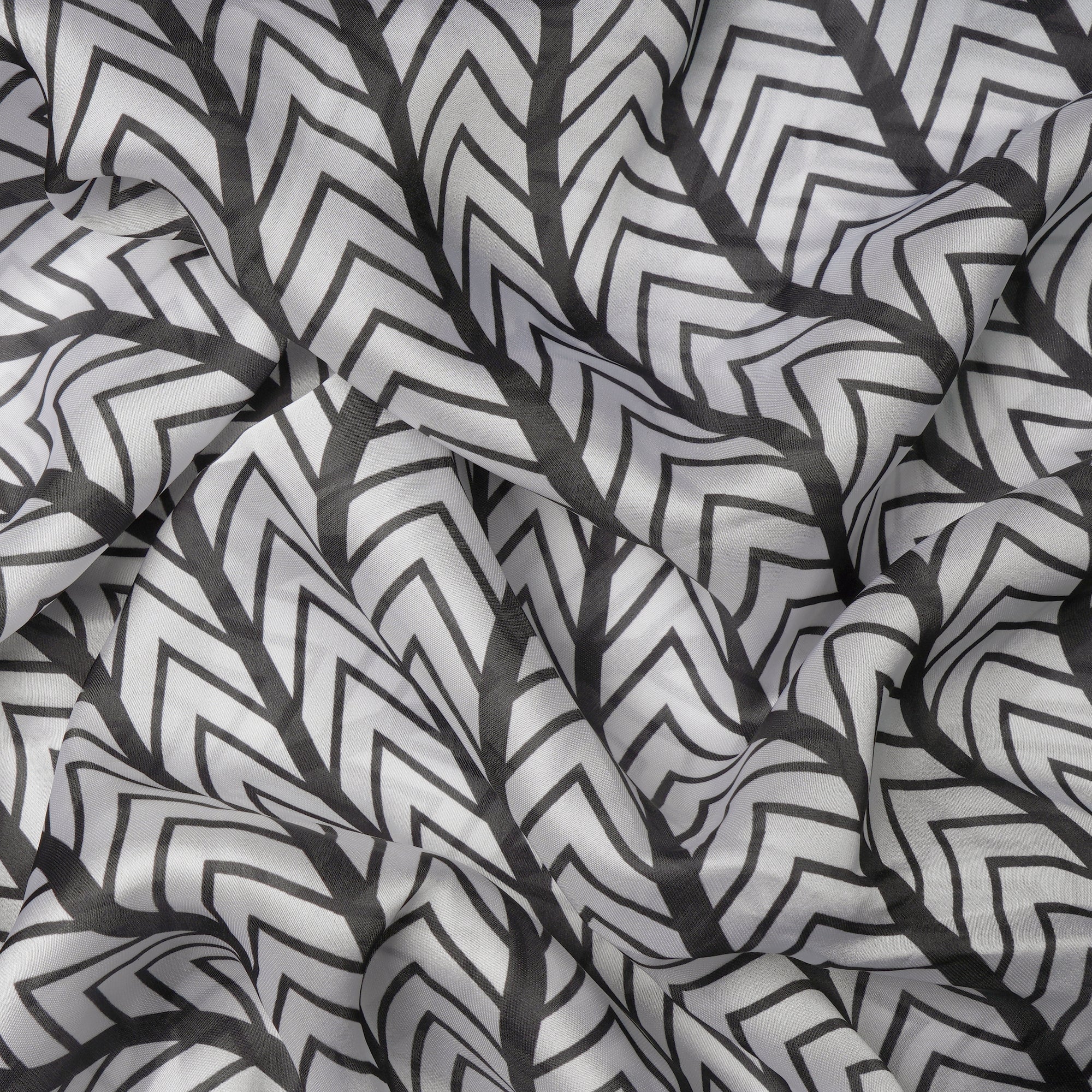 Black-White Geometric Pattern Digital Printed Georgette Satin Fabric