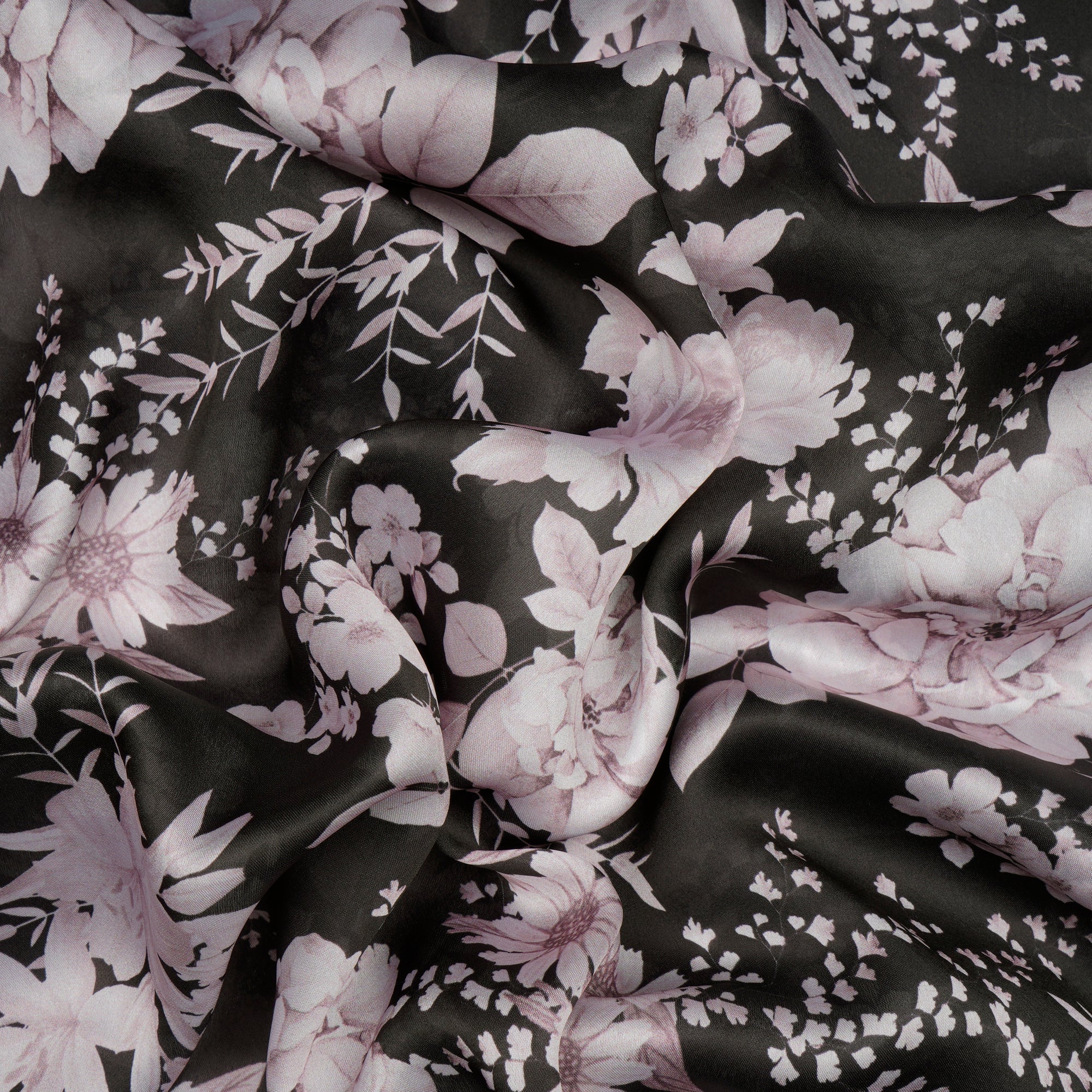 Black-Pink Floral Pattern Digital Printed Georgette Satin Fabric