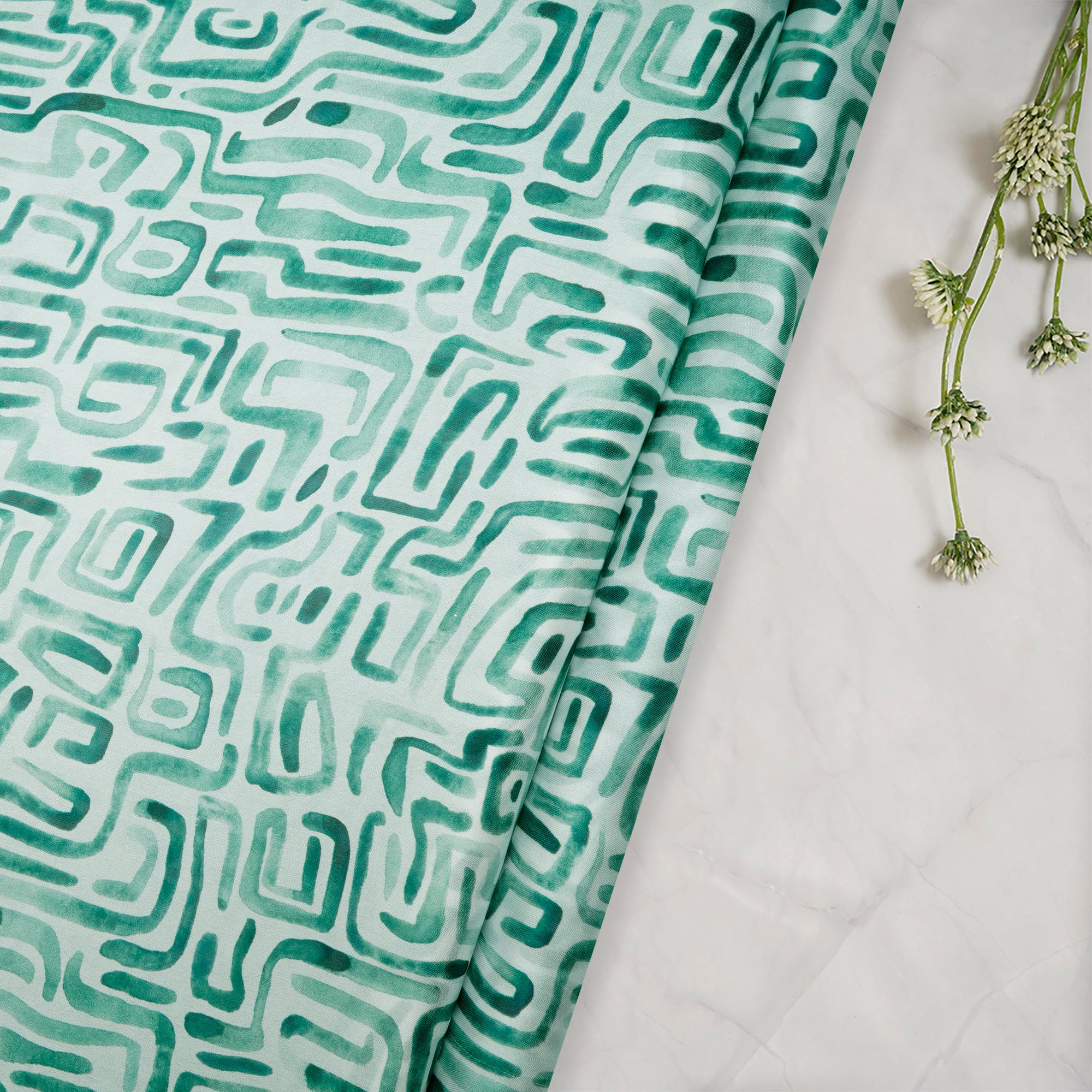 White-Green Geometric Pattern Digital Printed Georgette Satin Fabric