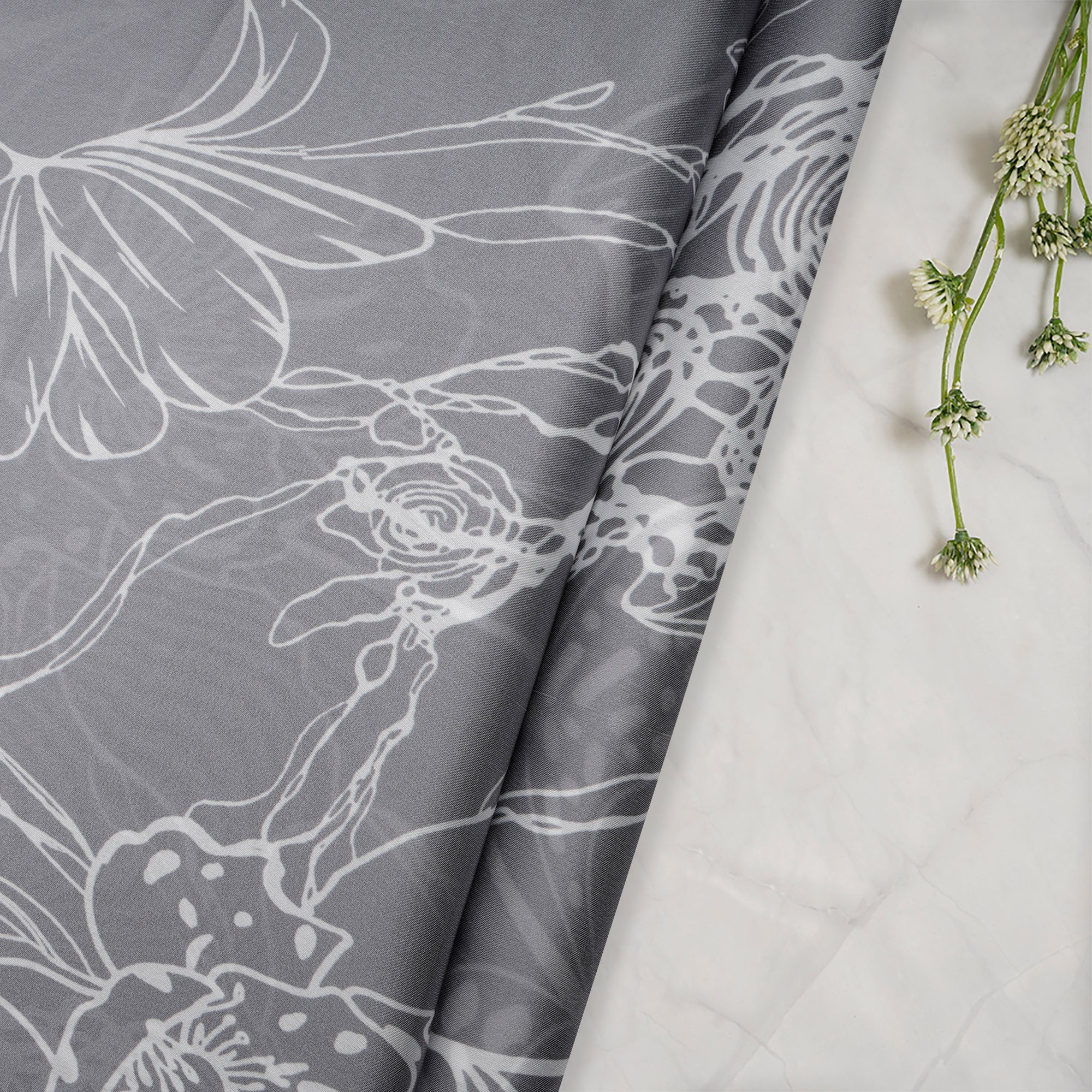 Gray-White Floral Pattern Digital Printed Georgette Satin Fabric