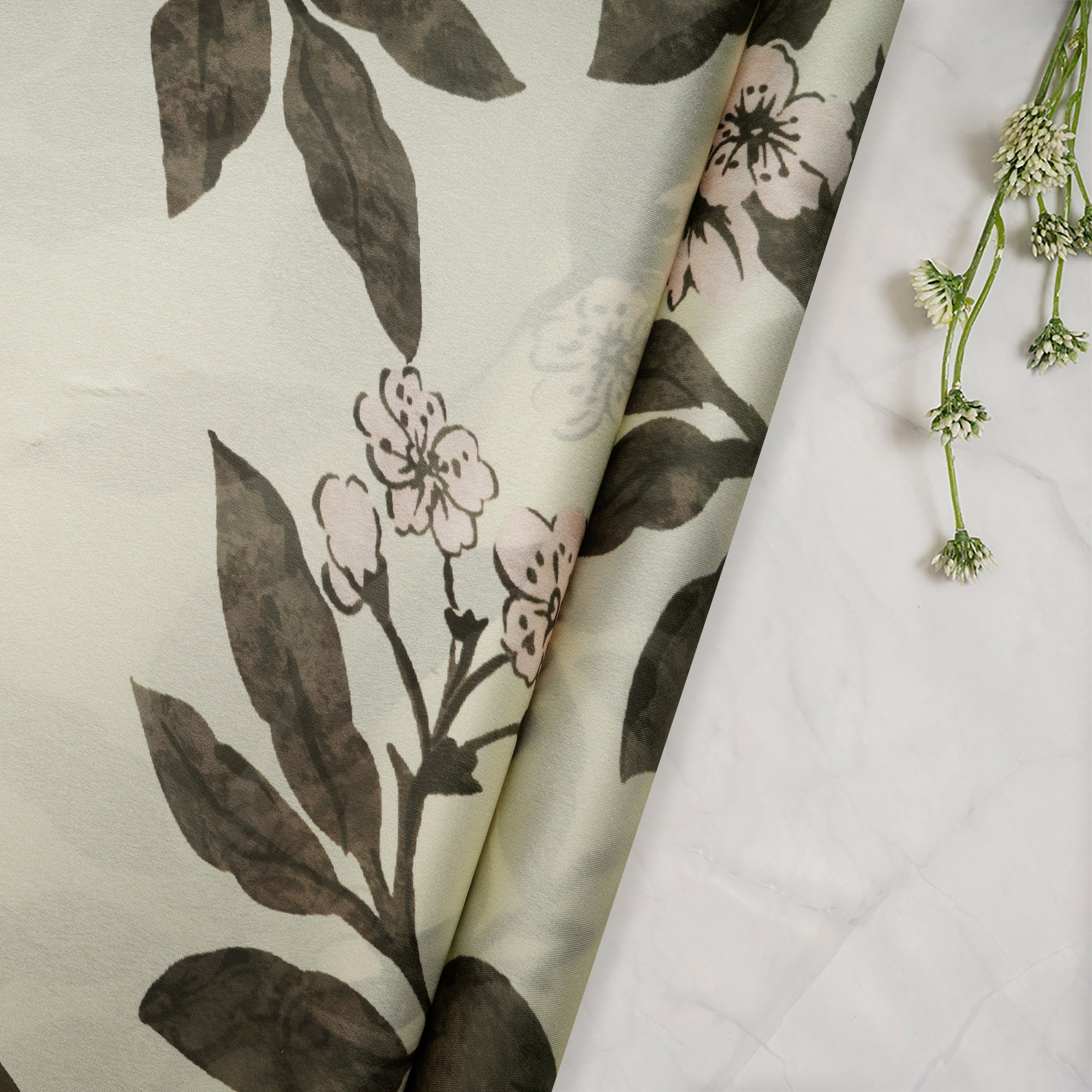 Meadow Mist Leaf Pattern Digital Printed Georgette Satin Fabric