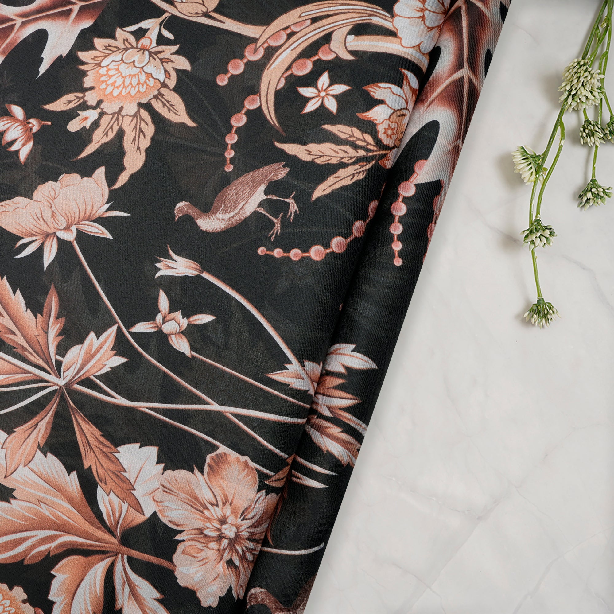 Black-Brown Floral Pattern Digital Printed Georgette Satin Fabric