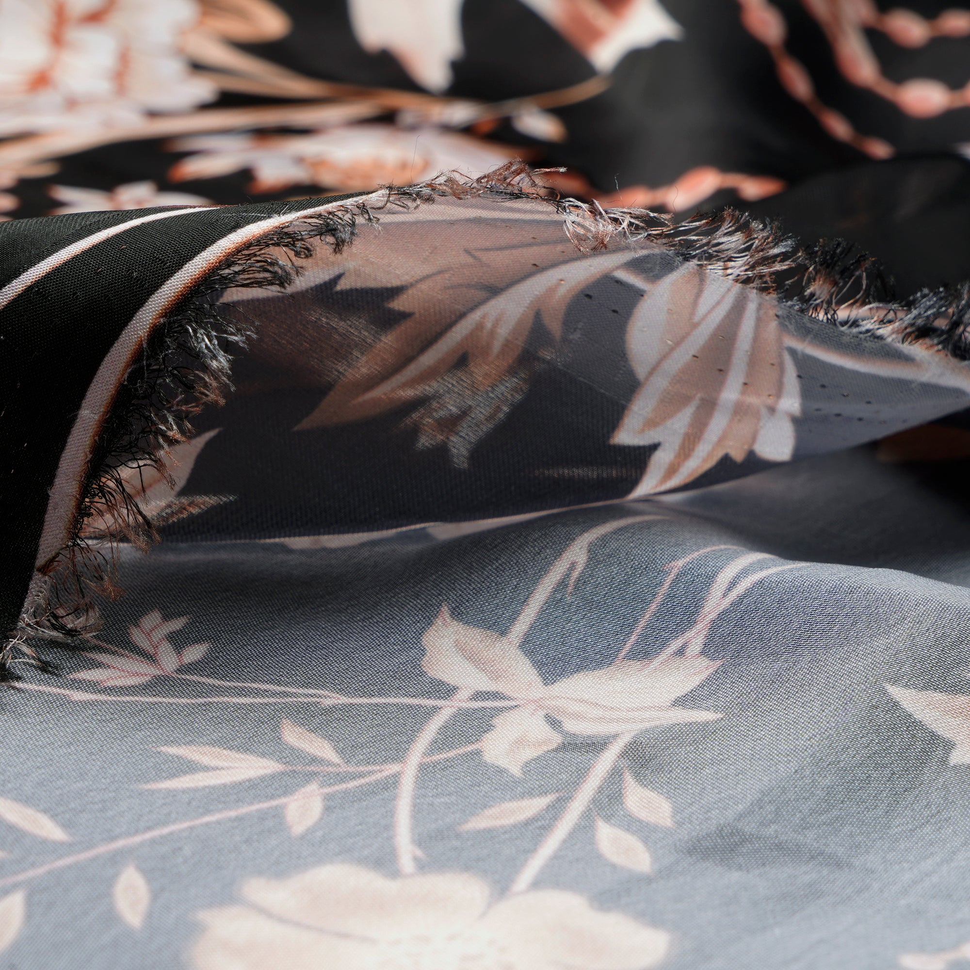 Black-Brown Floral Pattern Digital Printed Georgette Satin Fabric