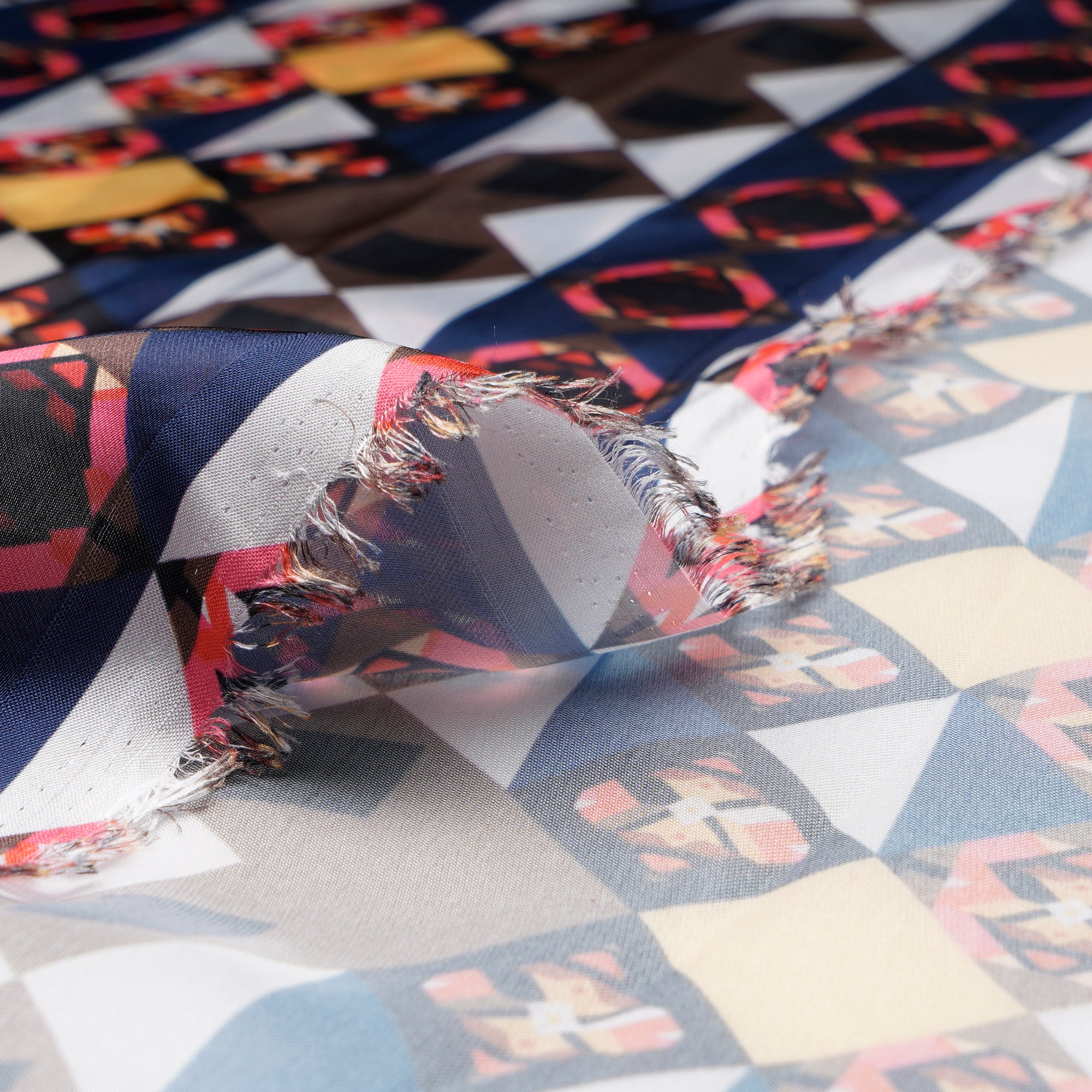 Multi Color Geometric Pattern Digital Printed Georgette Satin Fabric