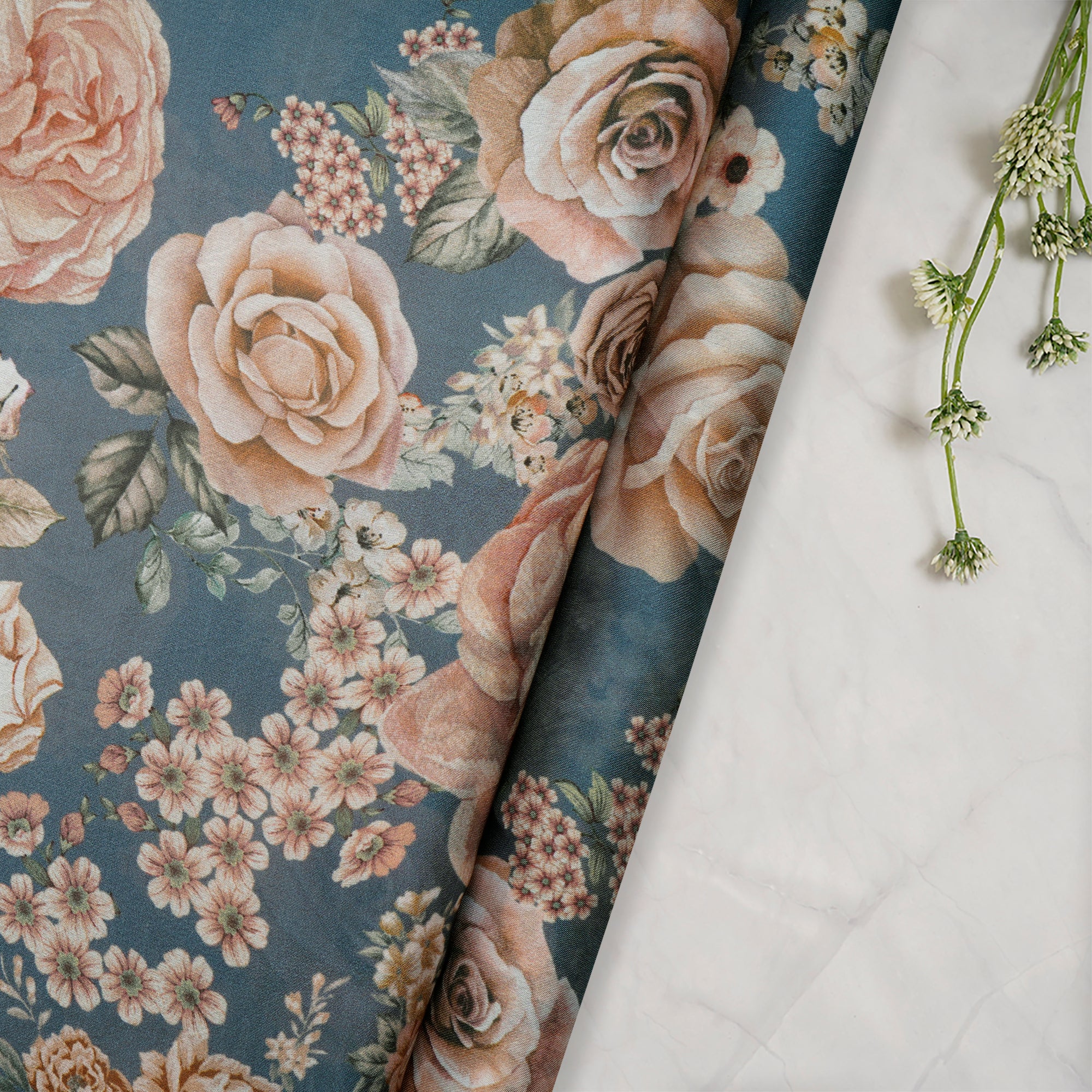 Gray Floral Pattern Digital Printed Georgette Satin Fabric