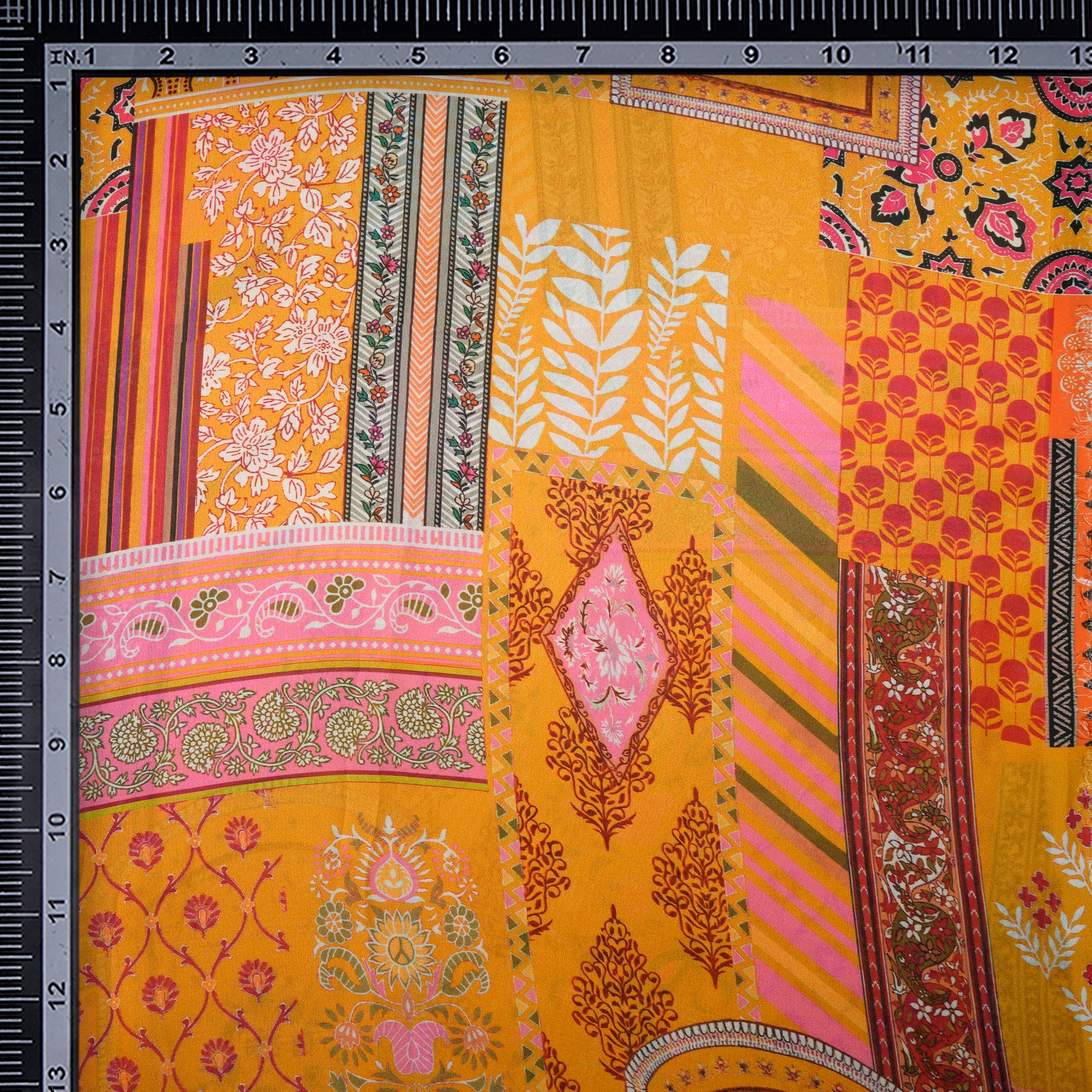 Mustard-Red Floral Pattern Digital Printed Georgette Satin Fabric