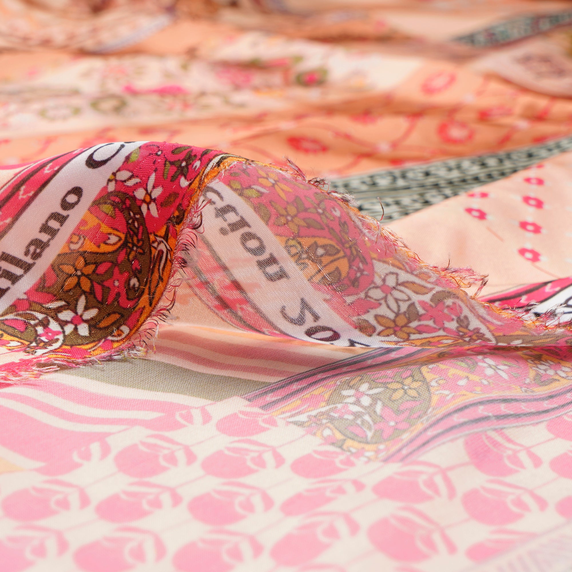 Beige-Pink Floral Pattern Digital Printed Georgette Satin Fabric