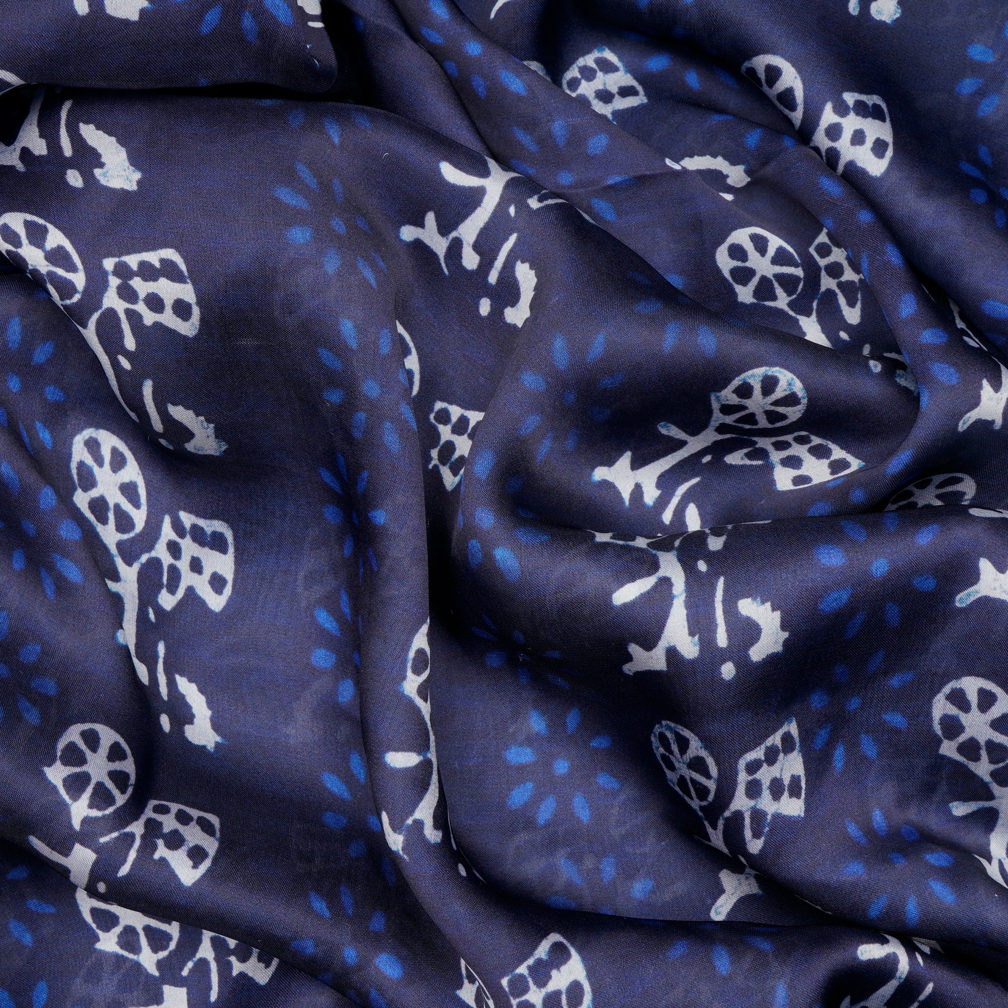 Navy Blue Motif Pattern Digital Printed Georgette Satin Fabric