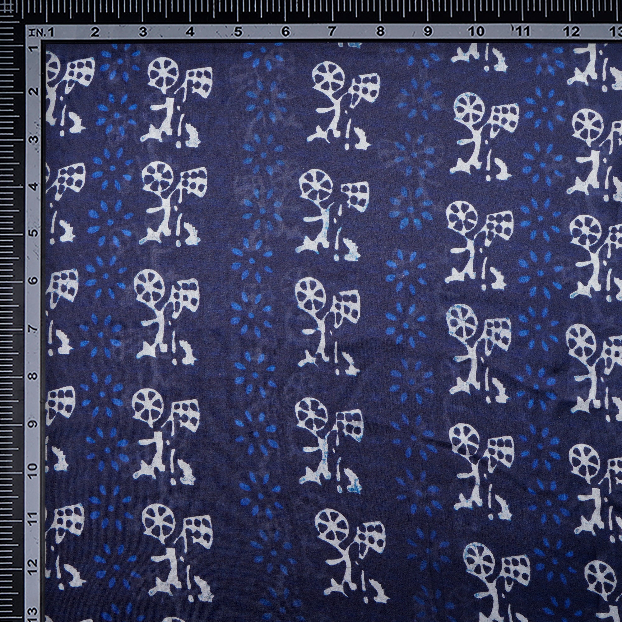 Navy Blue Motif Pattern Digital Printed Georgette Satin Fabric