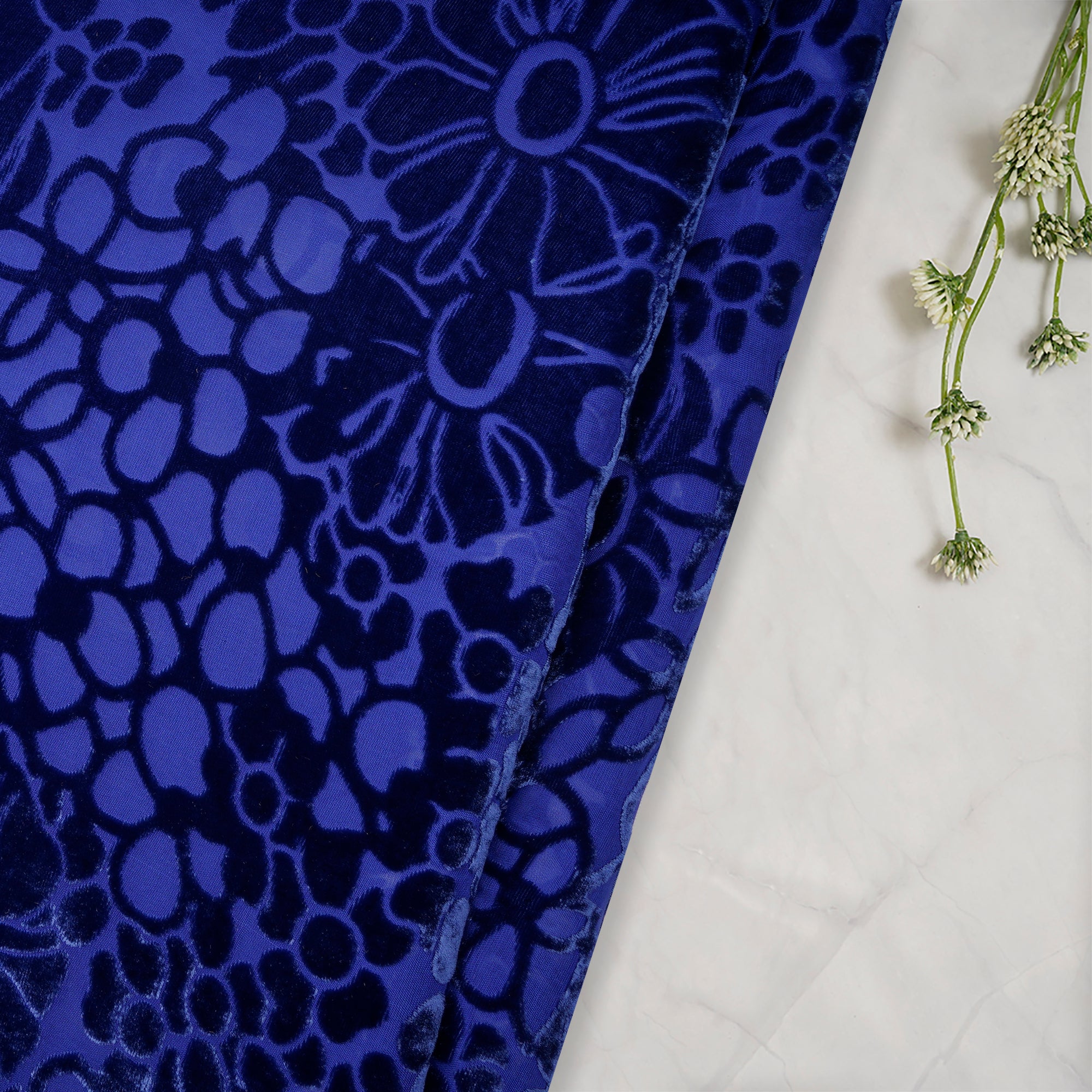Navy Blue Floral Pattern Digital Printed Burn-Out (Devore) Silk Velvet Fabric