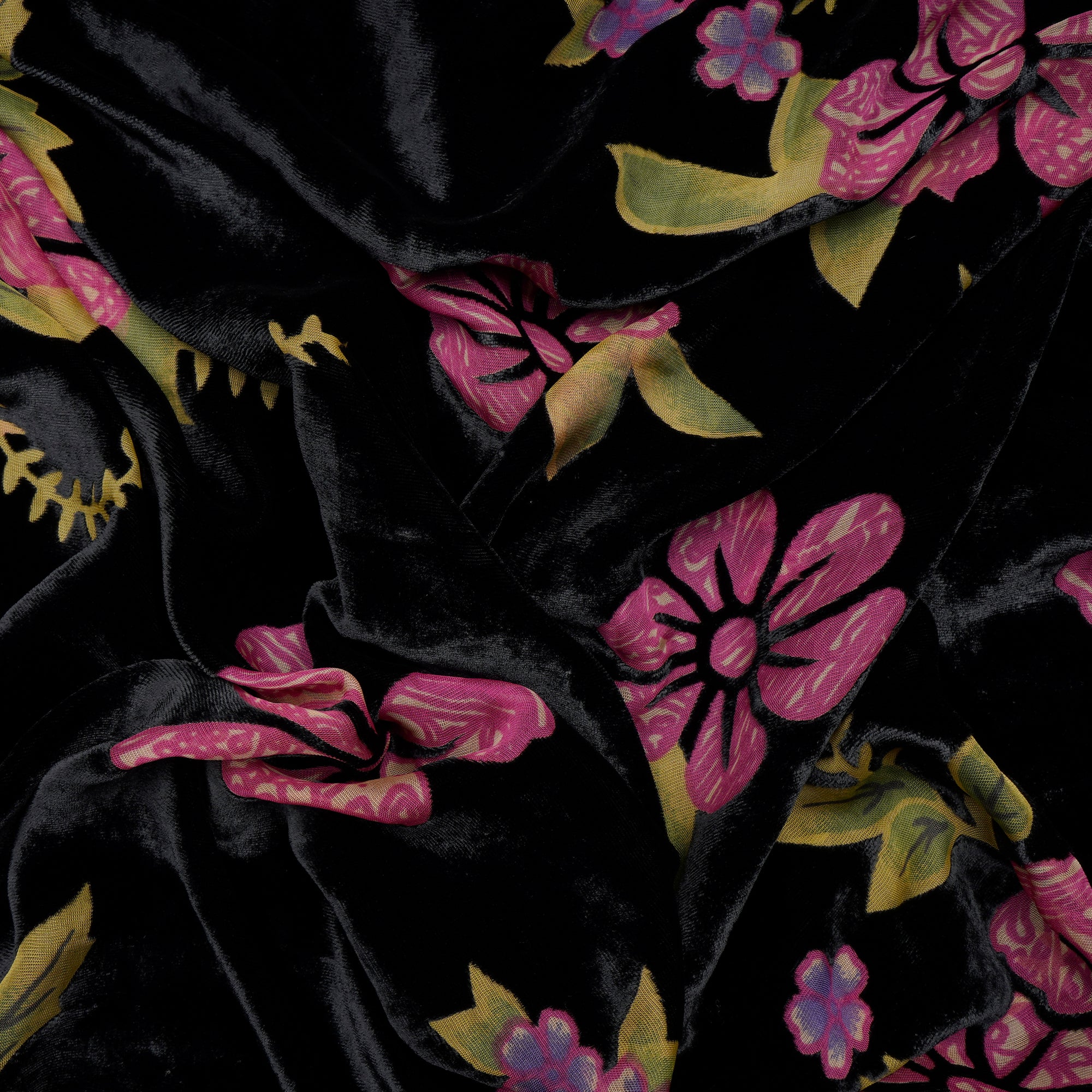 Black Floral Pattern Digital Printed Burn-Out (Devore) Silk Velvet Fabric